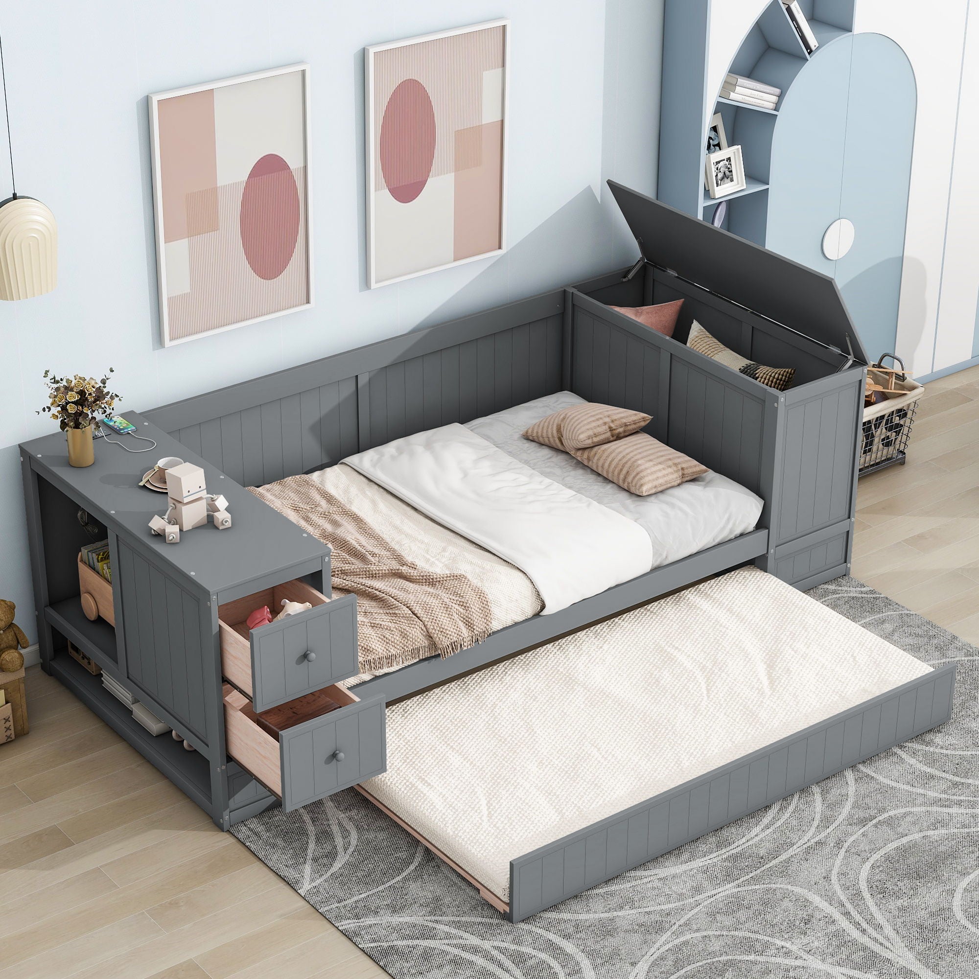 Daybed With Storage Arms, Trundle And Charging Station