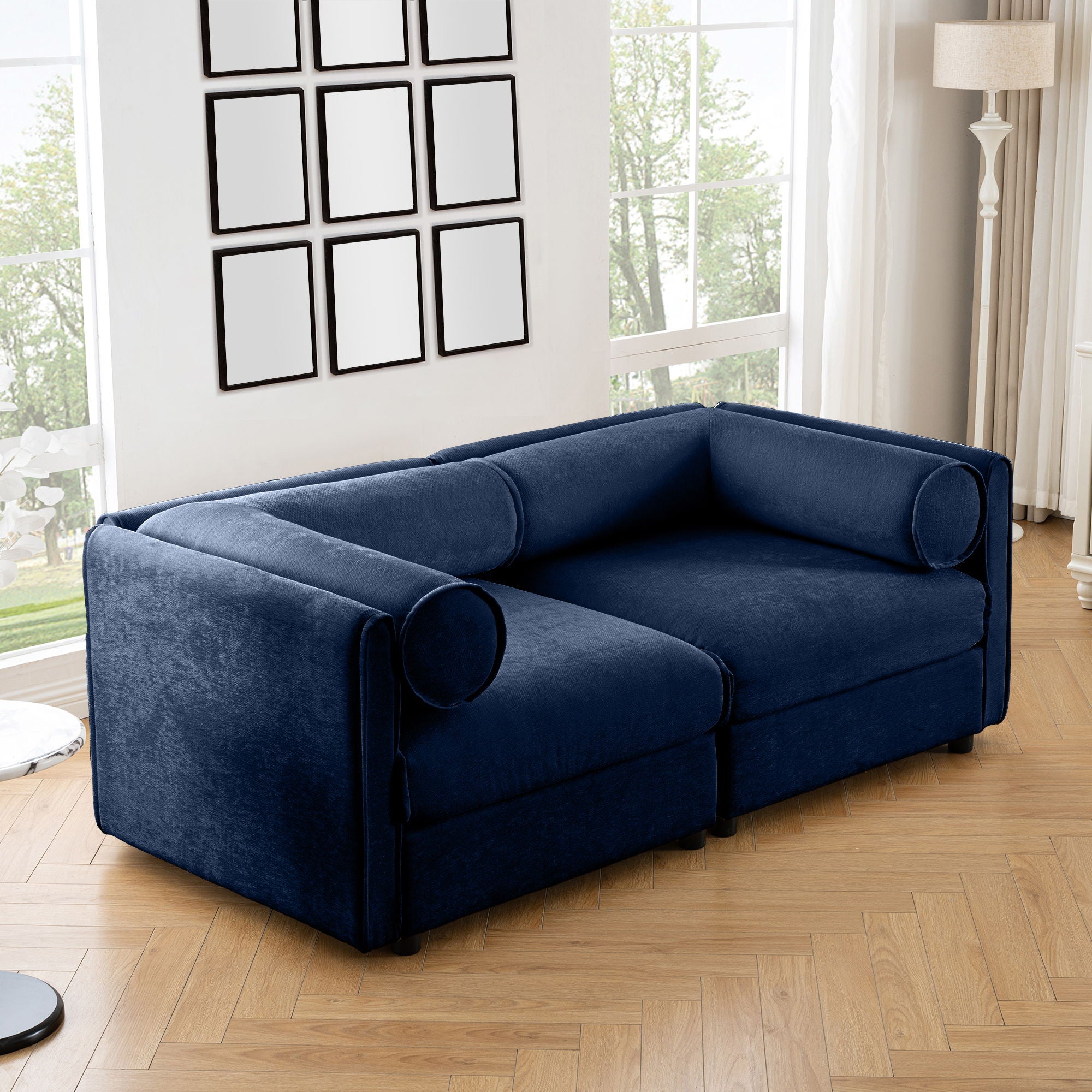 Stylish Chenille Sofa With Storage Seat And Cylindrical Backrest