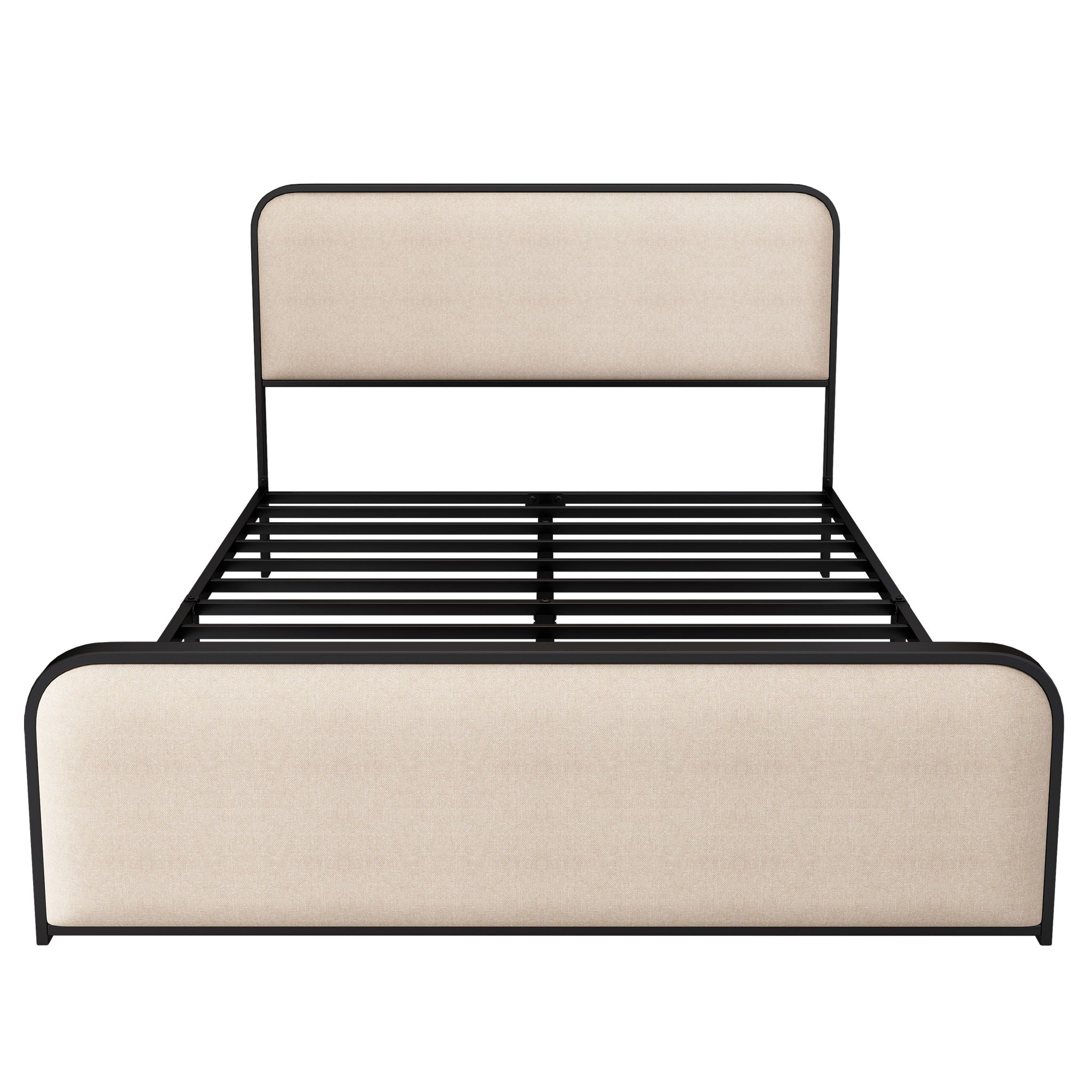 Modern Bed With Curved Upholstered Headboard And Footboard, Heavy Duty Metal Slats