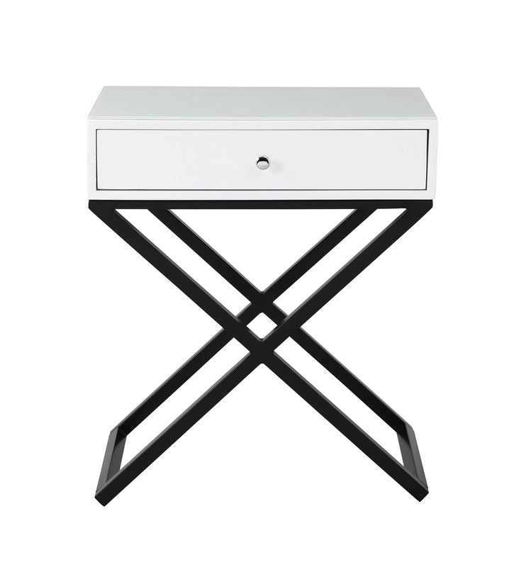 Koda 23"W White Wooden End Side Table Nightstand with Glass Top, Drawer and Metal Cross Base