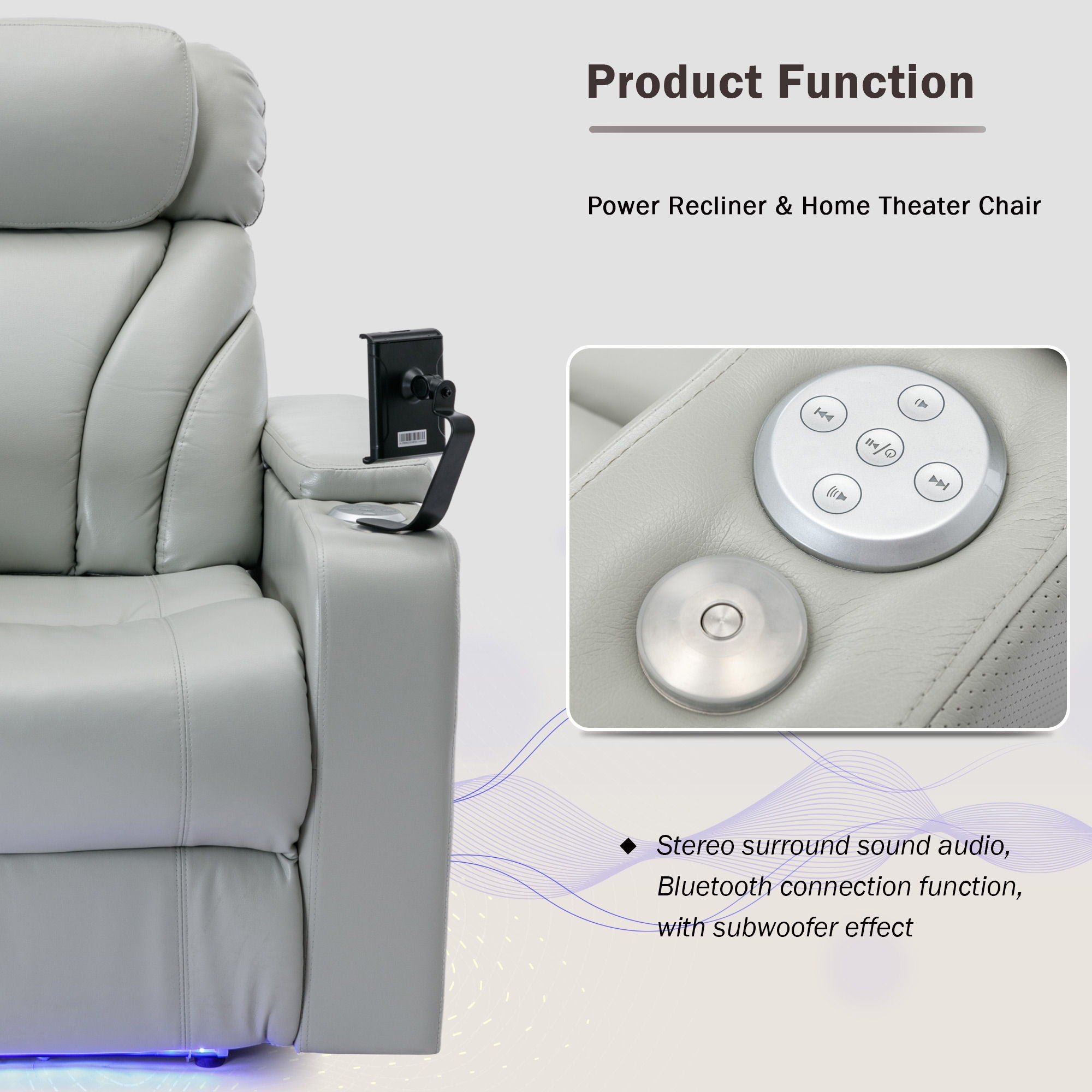 Power Motion Recliner Electric Power Recliner With USB Charging Port, Hidden Arm Storage, Convenient Cup Holder And Bluetooth Speaker