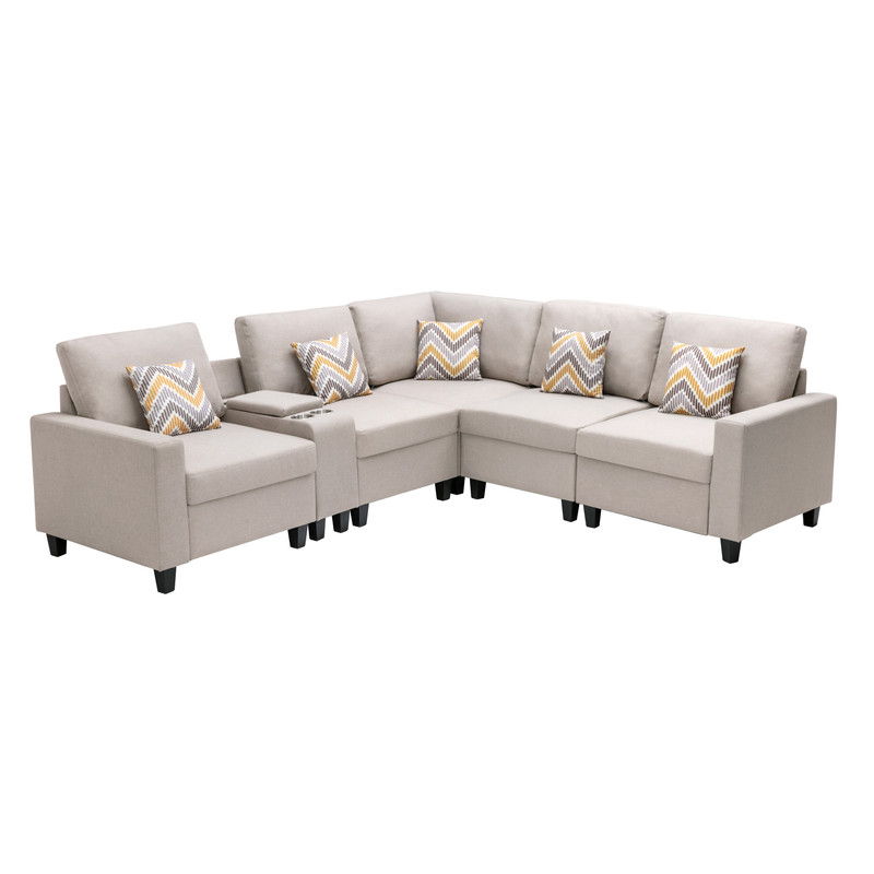 Nolan 106"W Beige Linen Fabric 6Pc Reversible Sectional Sofa with a USB, Charging Ports, Cupholders, Storage Console Table and Pillows and Interchangeable Legs