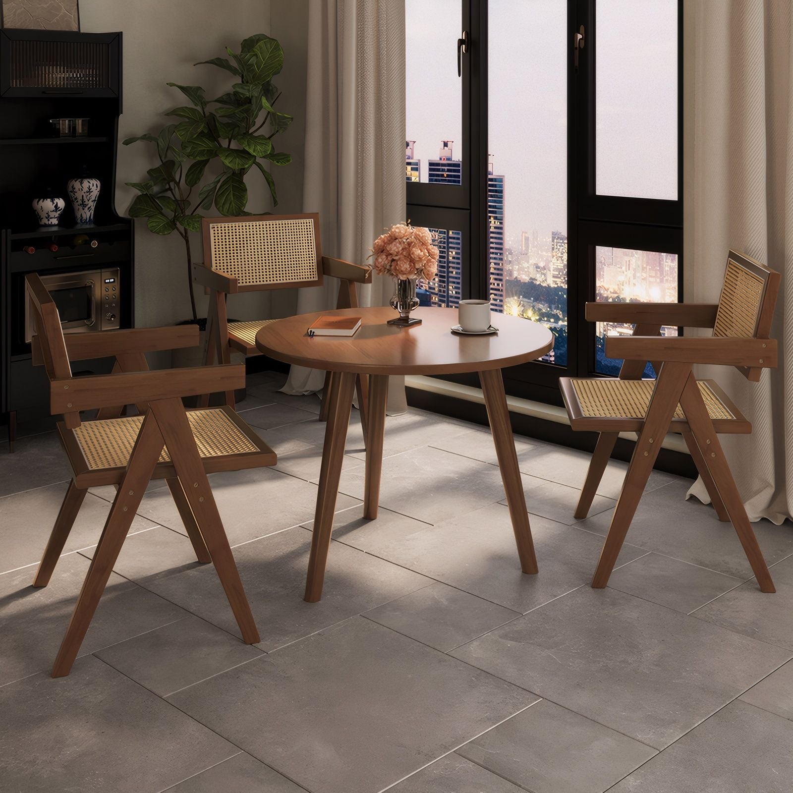 Modern Mid Century Dining Chairs (Set of 2), Rattan Accent Chairs, Comfy Armchairs, Outdoor Wood Chairs With Armrest - Walnut