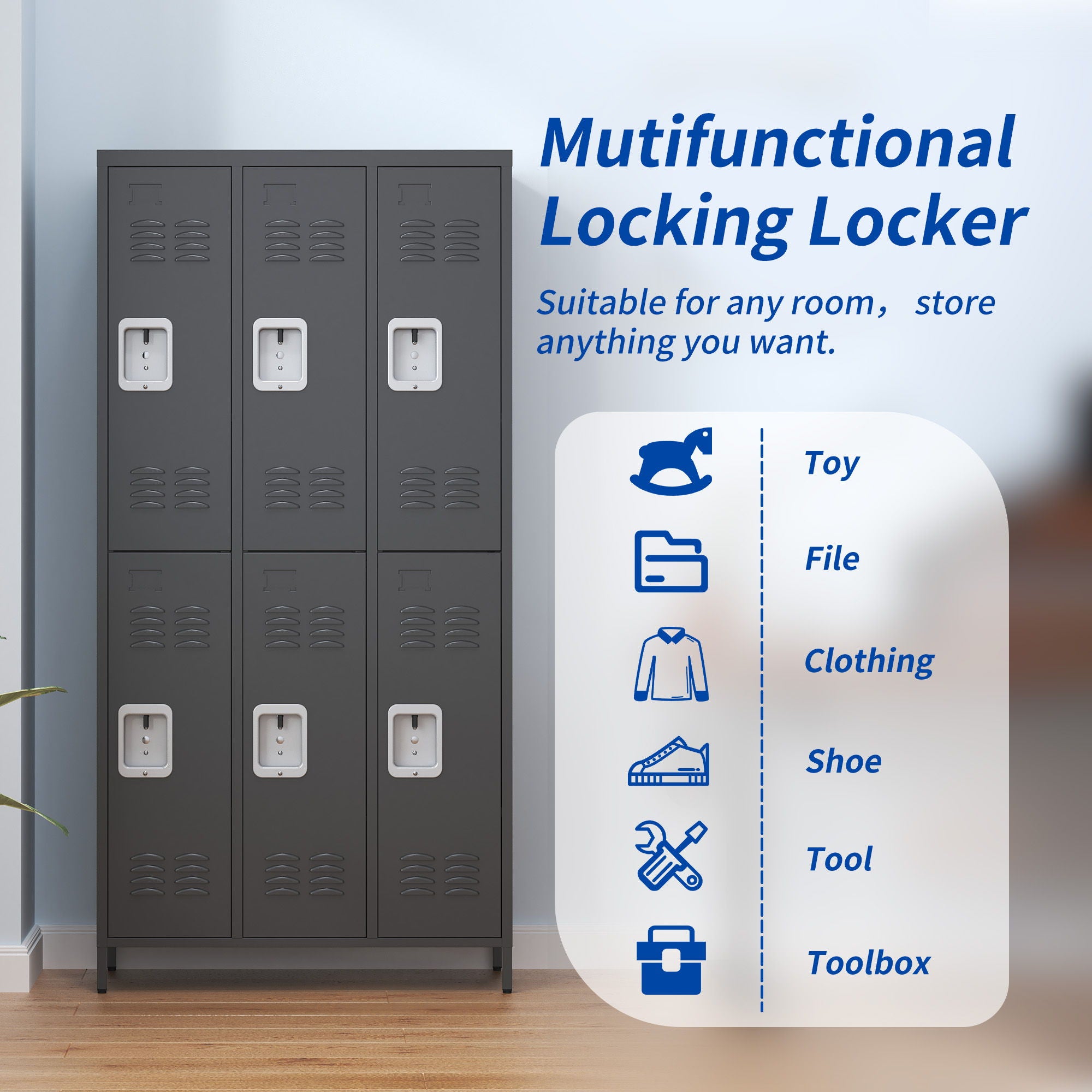 6 Door Lockers With Lock For Secure Storage - Black