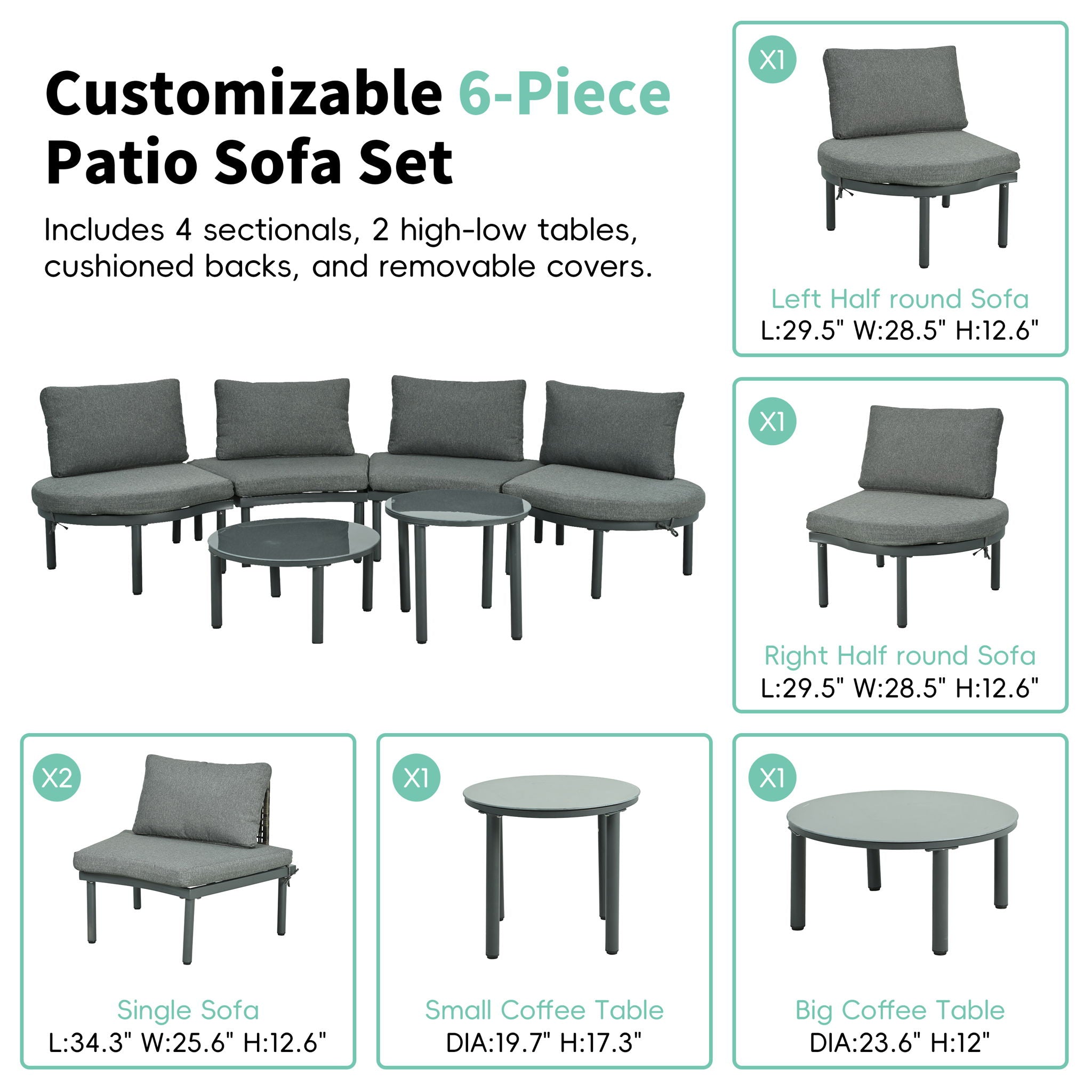 6 Piece Patio Set, Half Moon Outdoor Sectional Sofa With 2 High Low Coffee Tables, 4 Pillows & Cushions