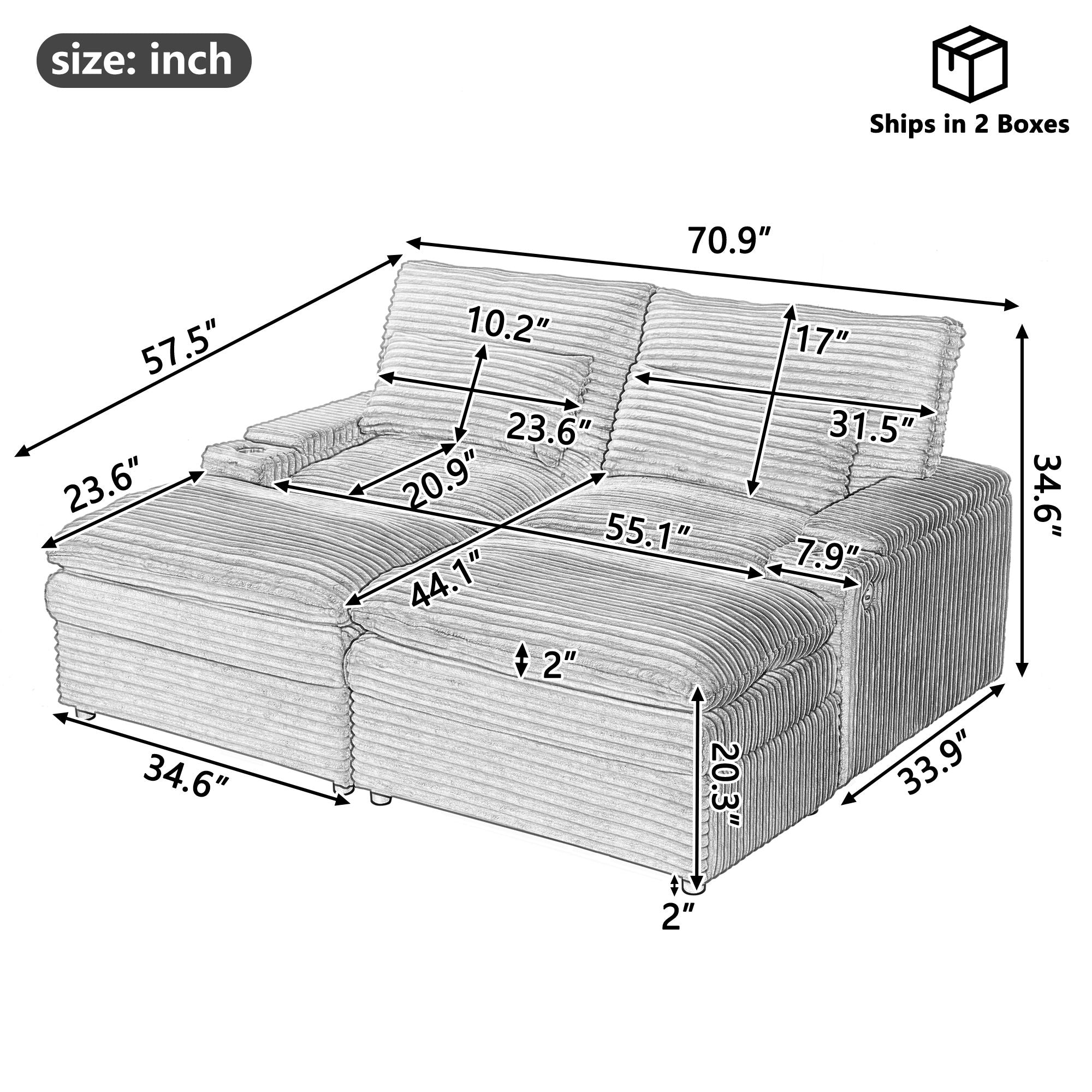 Convertible Loveseat Sofa With Storage, USB Ports, Cup Holders - Black