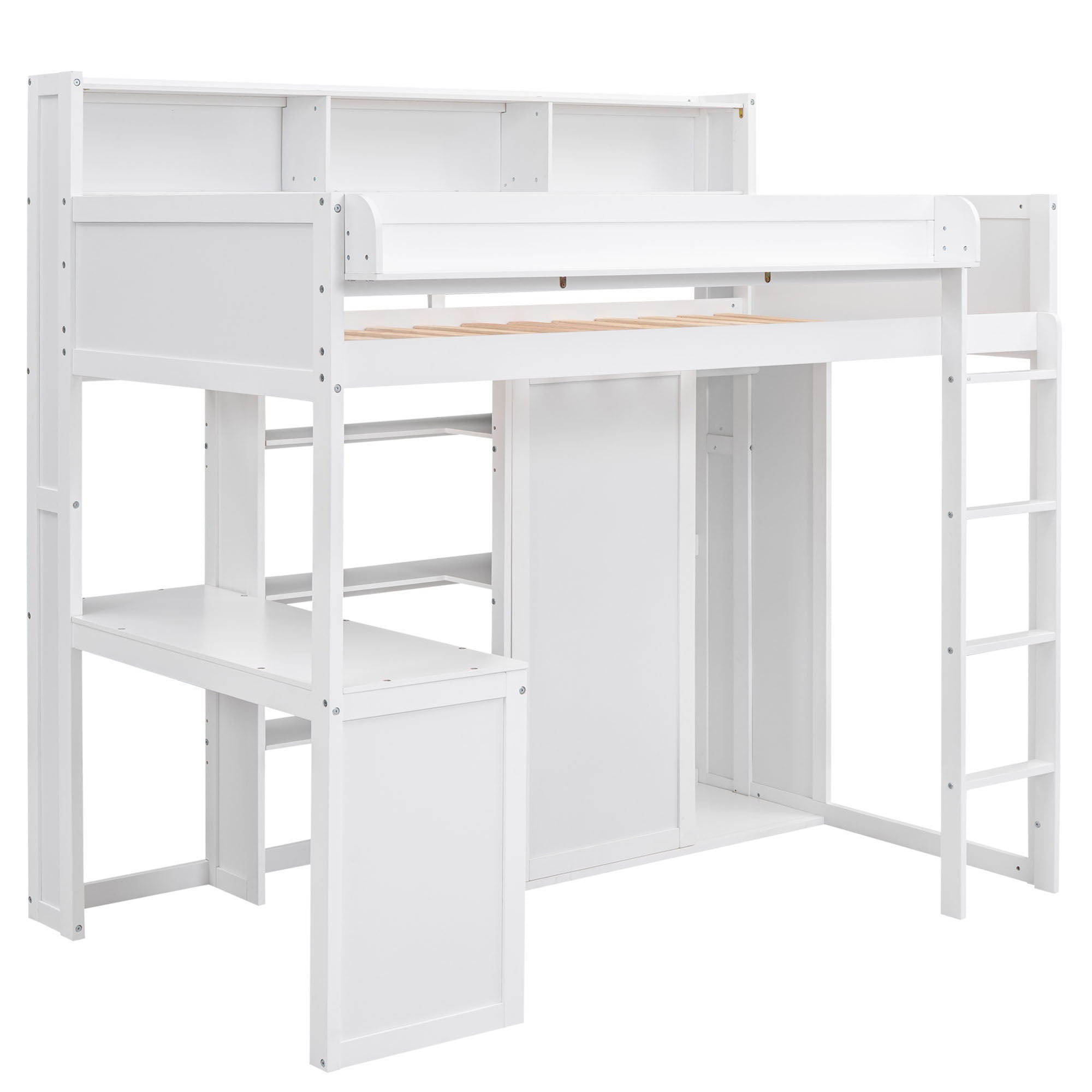Loft Bed With Built In Desk, Storage Shelves, And Wardrobe
