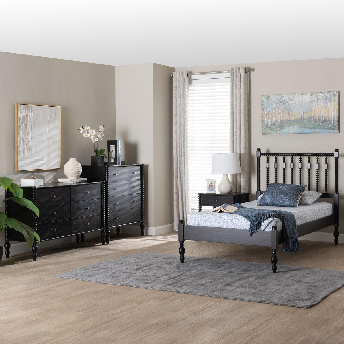 Denita Spindle 4-Piece Bedroom Set - Farmhouse Platform Bed with Matching Dresser, Chest, and 1-Drawer Nightstand, Black, Twin