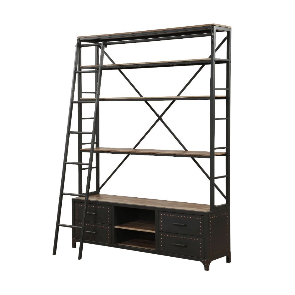 ACME Depict the gentle flow of industrial modern decor with the Actaki bookshelf and ladder set. Industrial modern shelving unit with 4 drawers with Nailhead trim and 2 open shelves provide a unique storage and display to you room. Some assembly required.