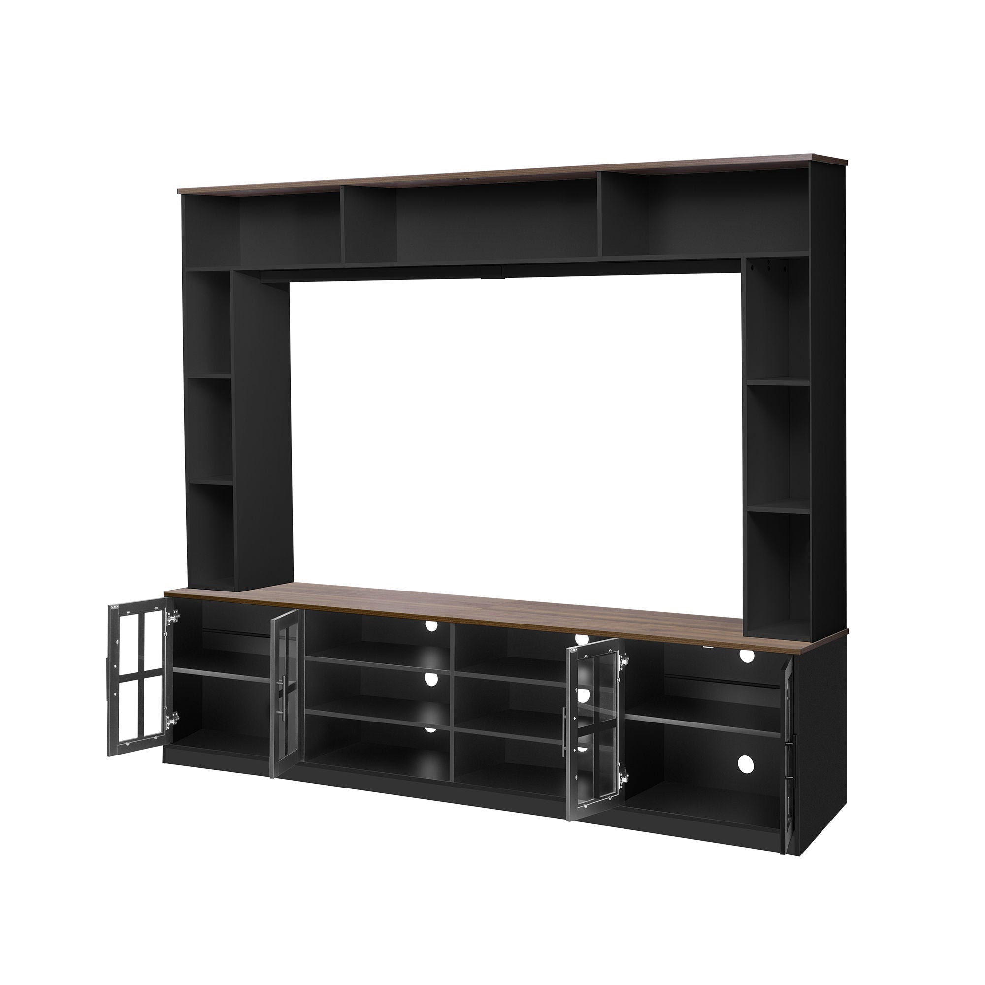 Wall Unit Entertainment Center With Bookshelves For TVs Up To 80", Tempered Glass Doors And Adjustable Shelves