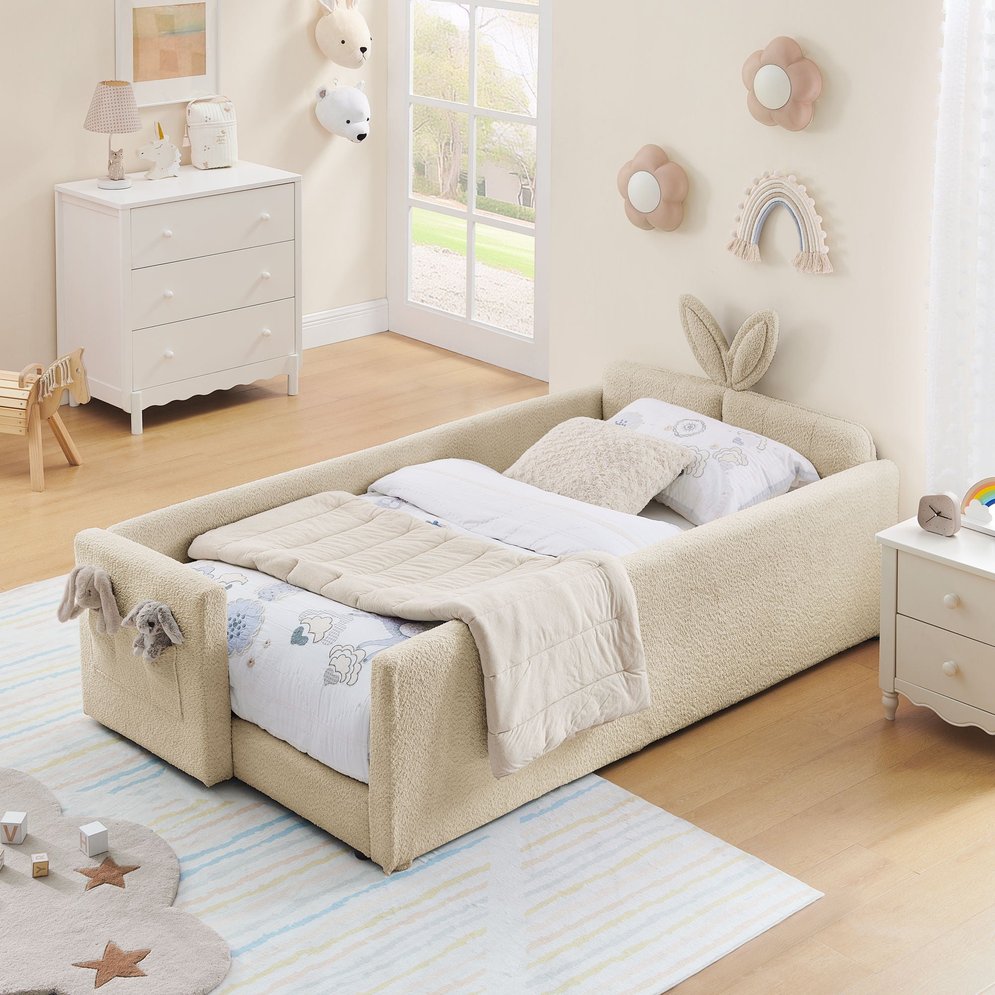 Cute Rabbit Ear Upholstered Platform Bed Frame With Safety Rail