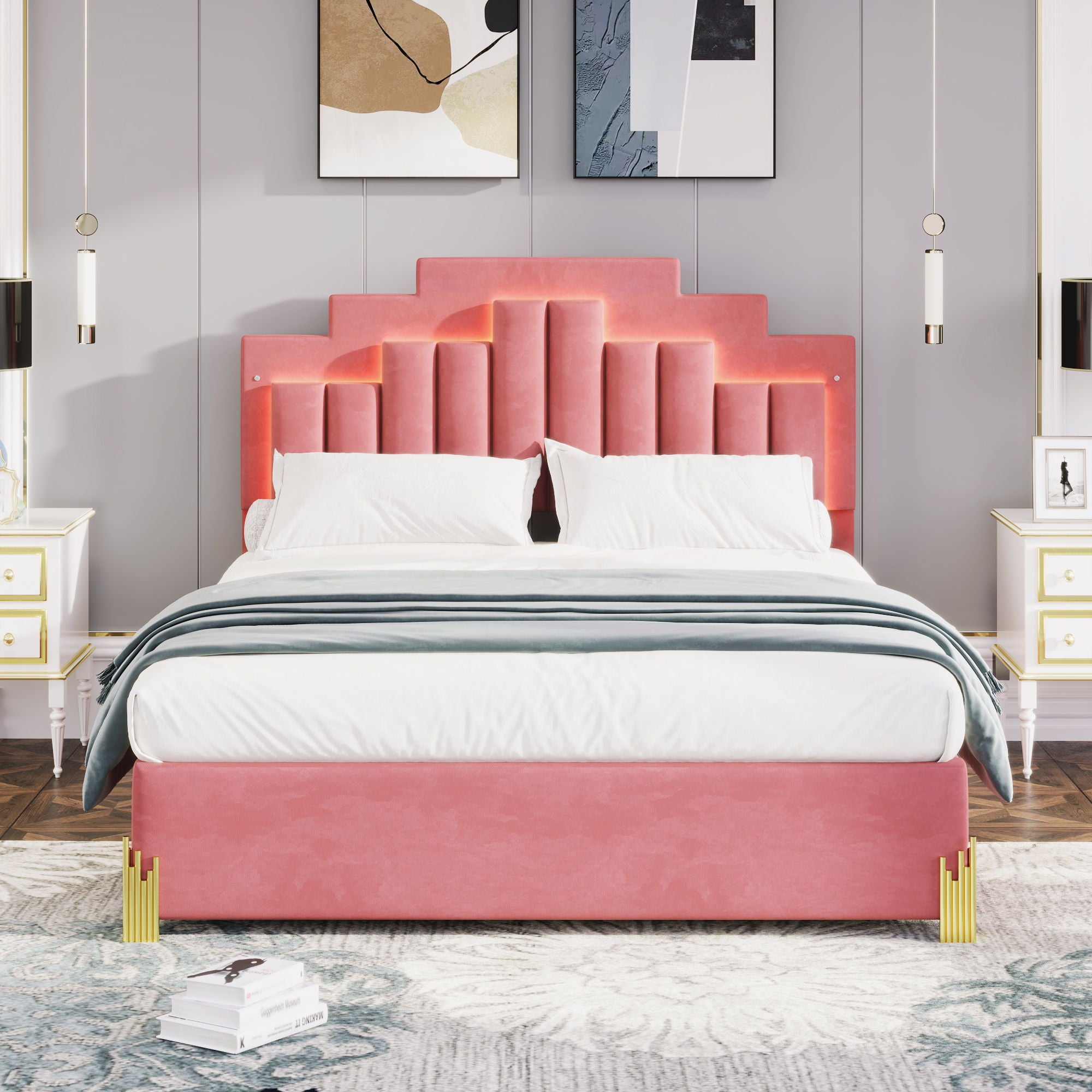 Queen Size Upholstered Platform Bed With LED Lights And 4 Drawers, Stylish Irregular Metal Bed Legs Design - Pink