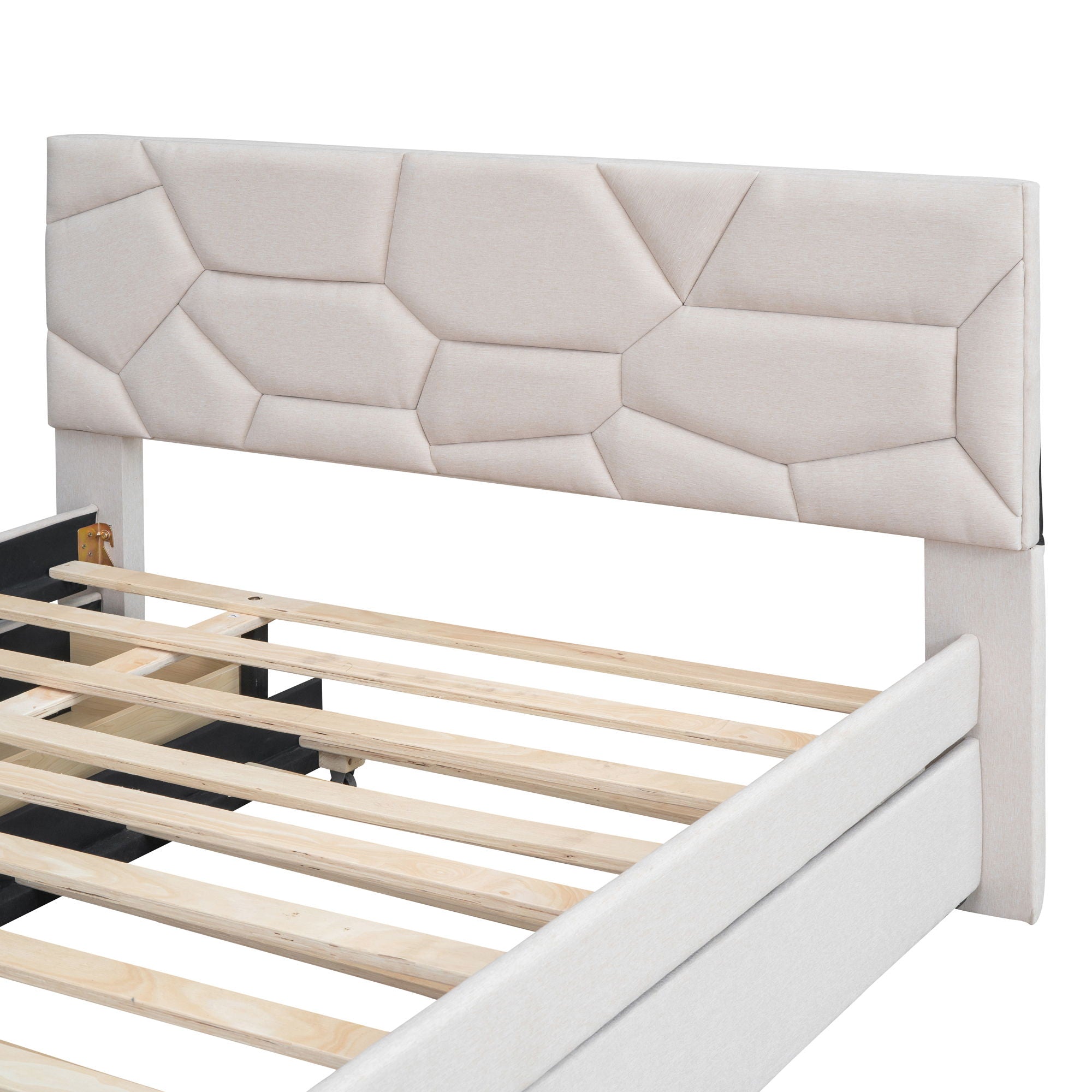 Upholstered Platform Bed With Brick Pattern Headboard And Twin Long Size Trundle