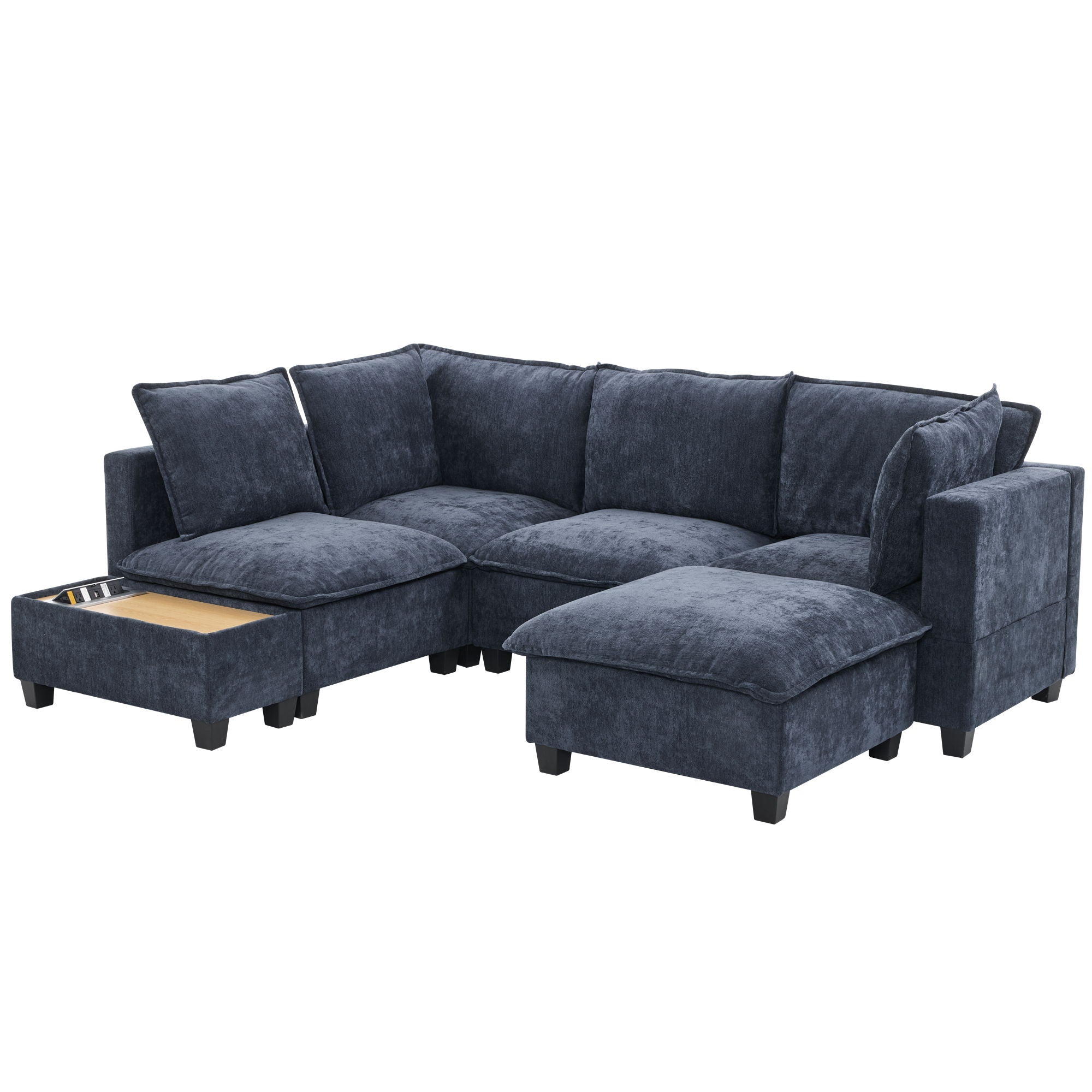 U-Shaped Sectional Modular Sofa With A Movable Ottoman, A Coffee Table With Hidden Charging Devices For Living Room