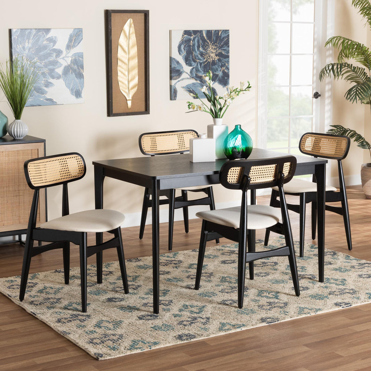 Tarana Mid-Century Modern Cream Fabric and Black Finished Wood 5-Piece Dining Set