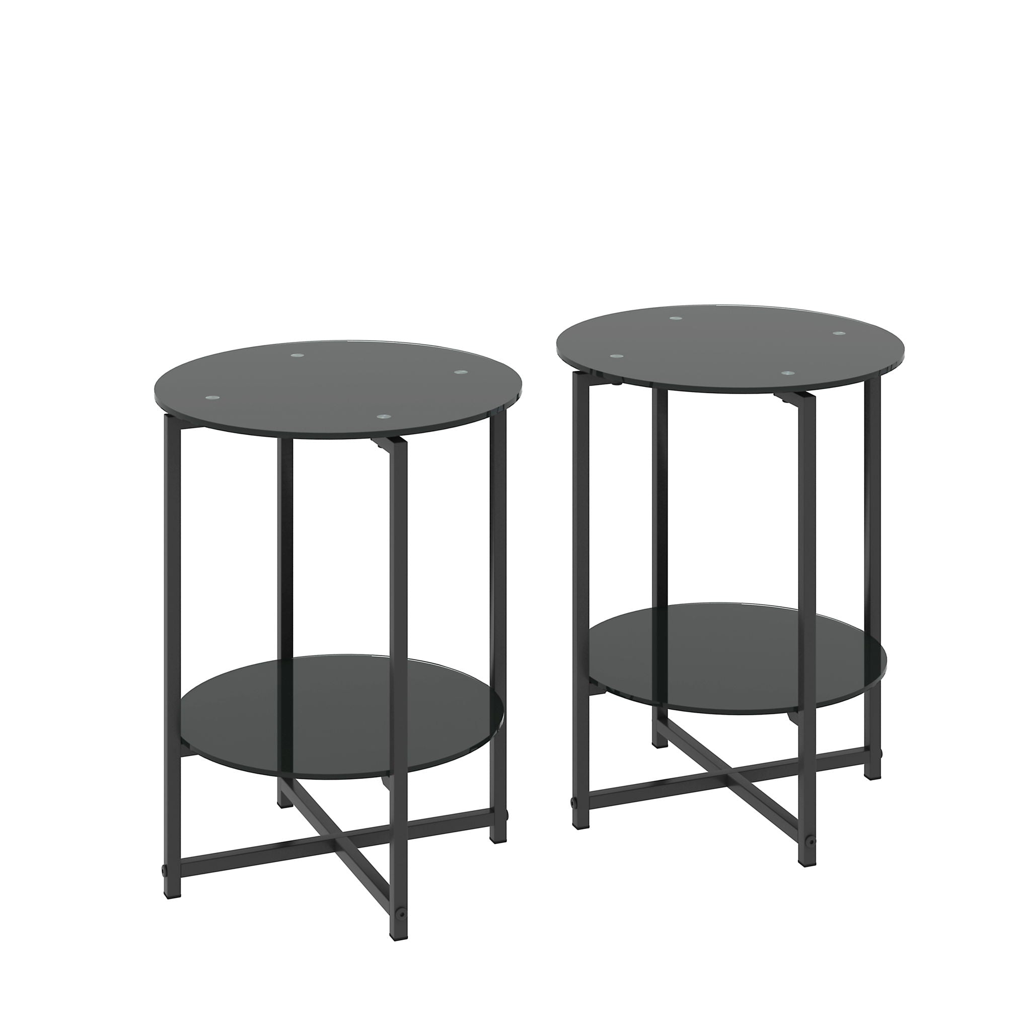 JWS Tempered Glass End Table (Set of 2), Round Coffee Table For Bedroom Living Room Office - Black