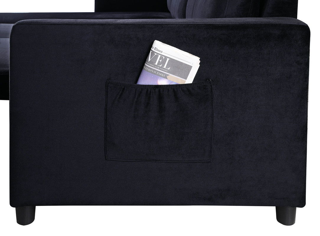 Ivy 81.5"W Black Velvet Reversible Sleeper Sectional Sofa with Storage Chaise and Side Pocket