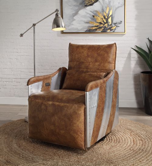 ACME Qalurne - Recliner - 2-Tone Mocha Top Grain Leather & Aluminum | Meri Furniture