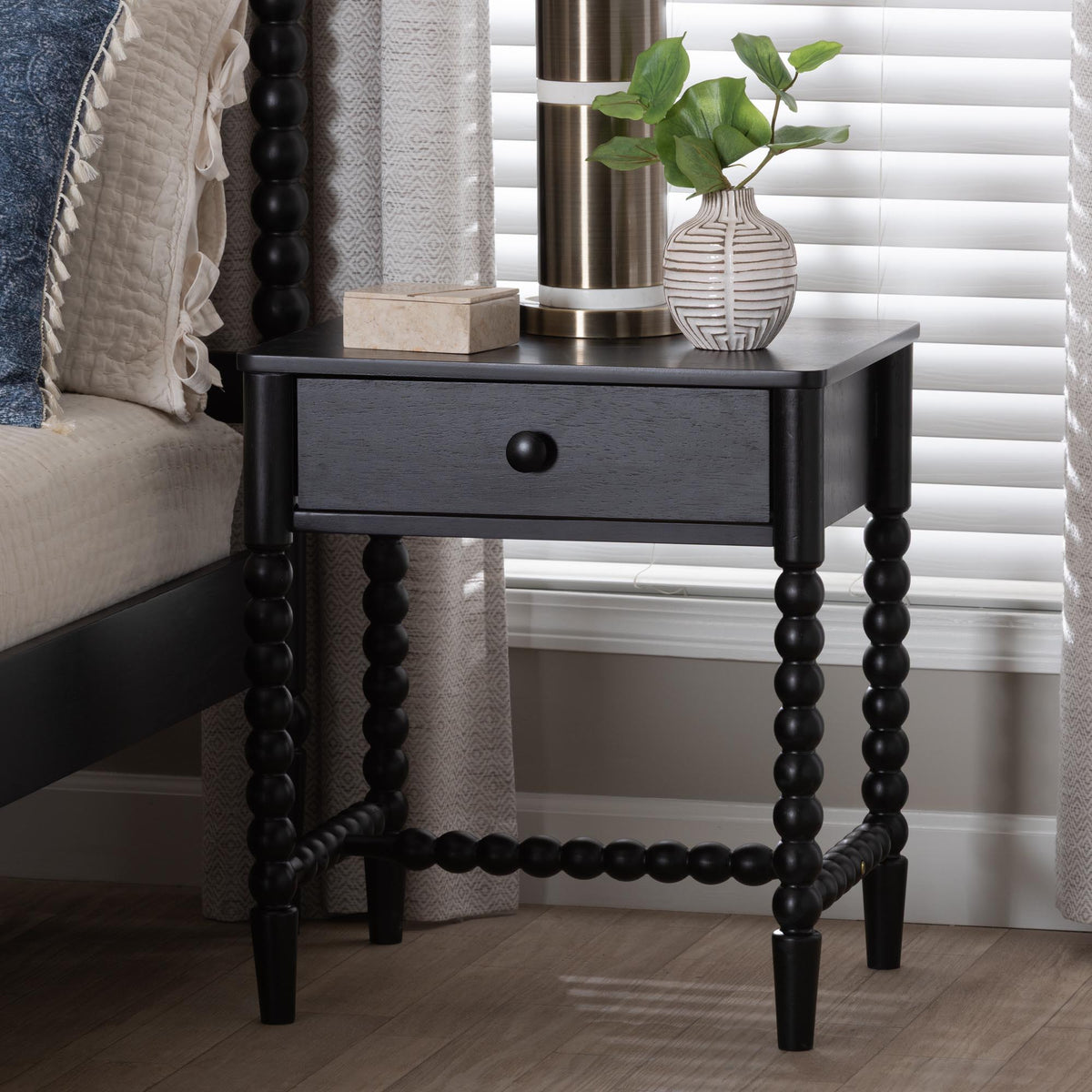 Brantley Spindle Nightstand - 1-Drawer Bedside Table with Beaded Frame and Open Base for Bedroom, Black
