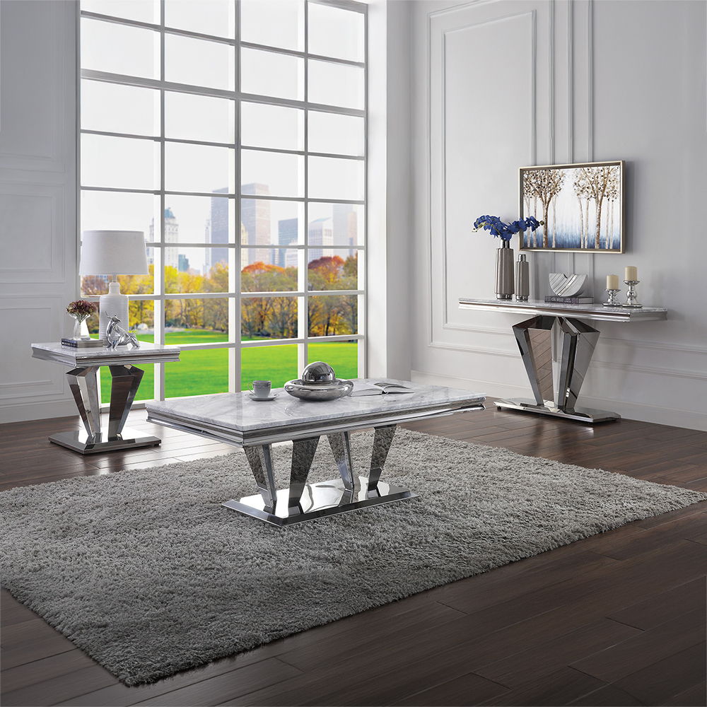 Satinka - Coffee Table - Light Gray Printed Faux Marble Top & Mirrored Silver