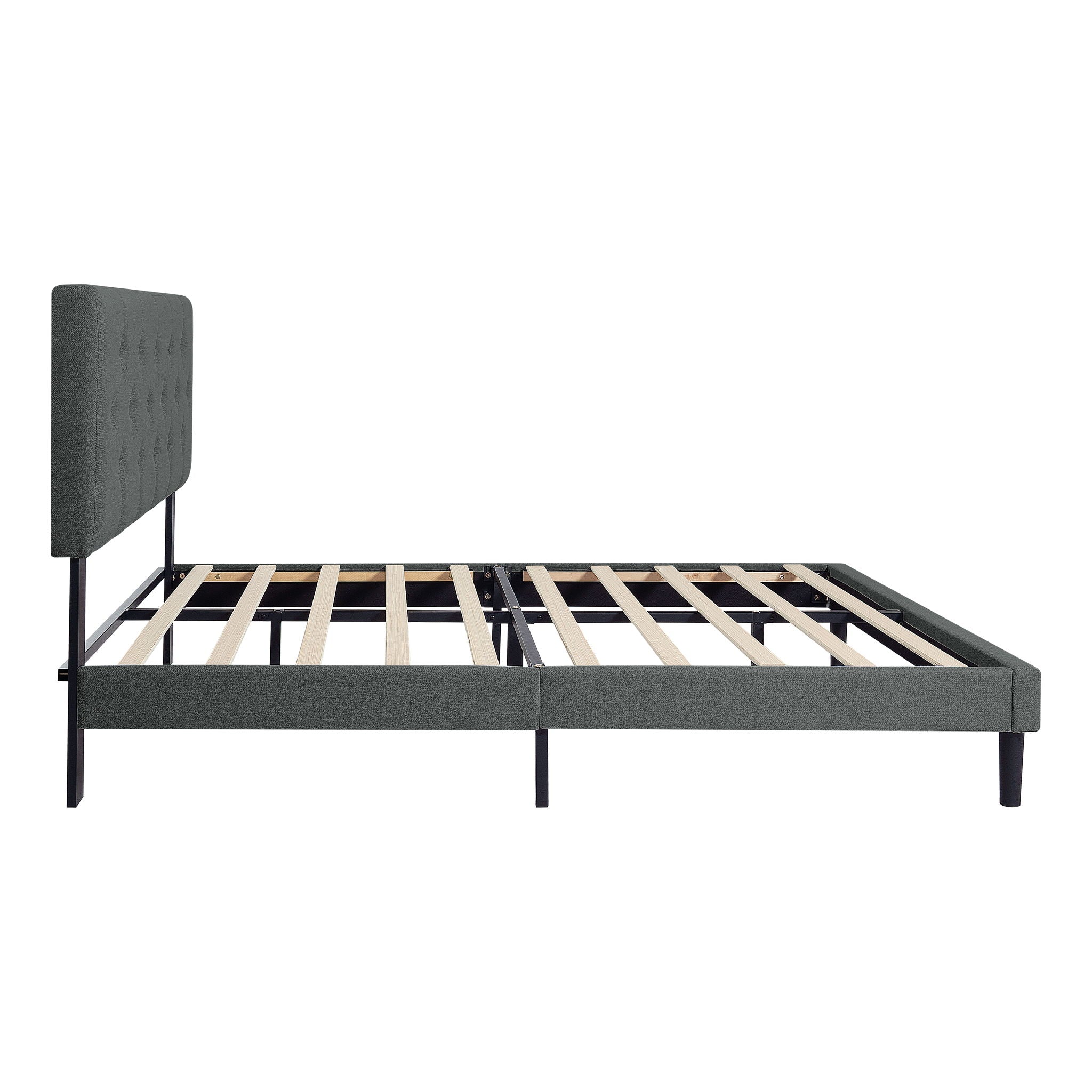 Modern Upholstered Platform Bed Frame With Button Tufted Linen Fabric Headboard