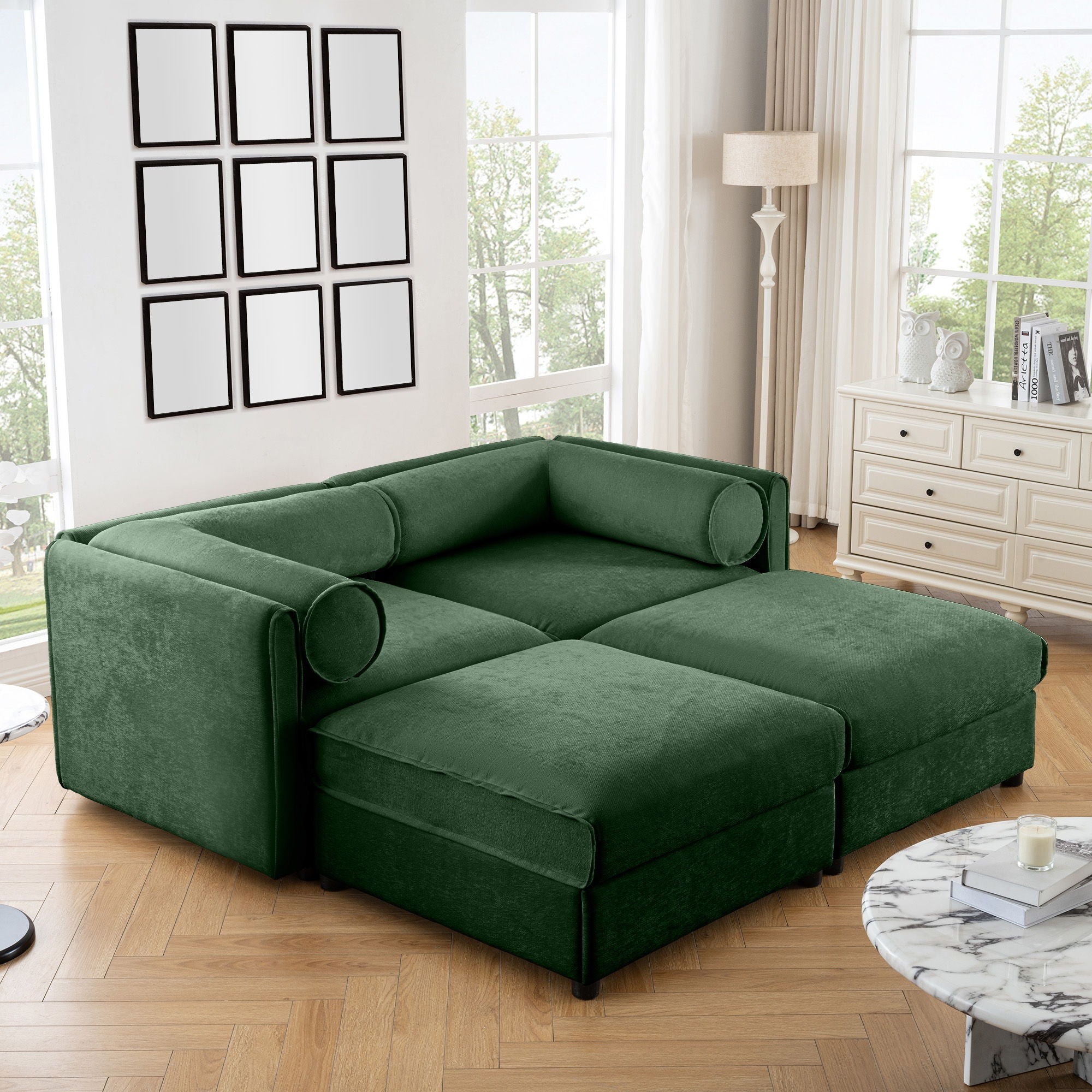 Contemporary Elegant White Chenille Sofa With Storage And Ottoman