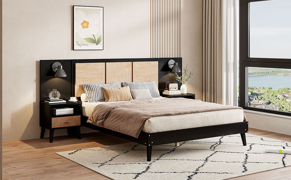 Bed Frame With 2 Nightstands Elegant Design With Lamps