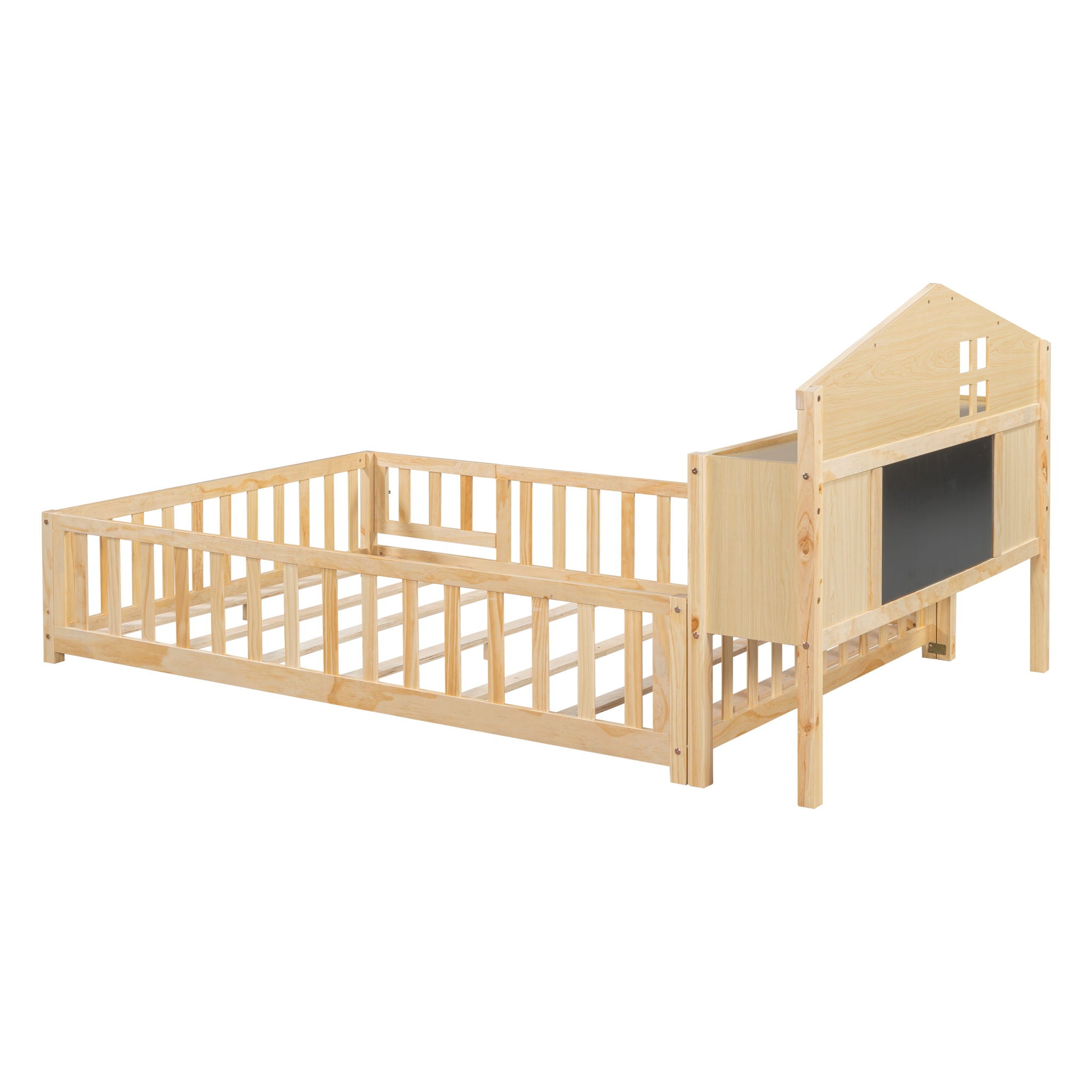 Full Size Montessori Floor Bed With Bookcases And boards, Solid Wood Platform Bed With Guard Rails And Storage Headboards - Natural