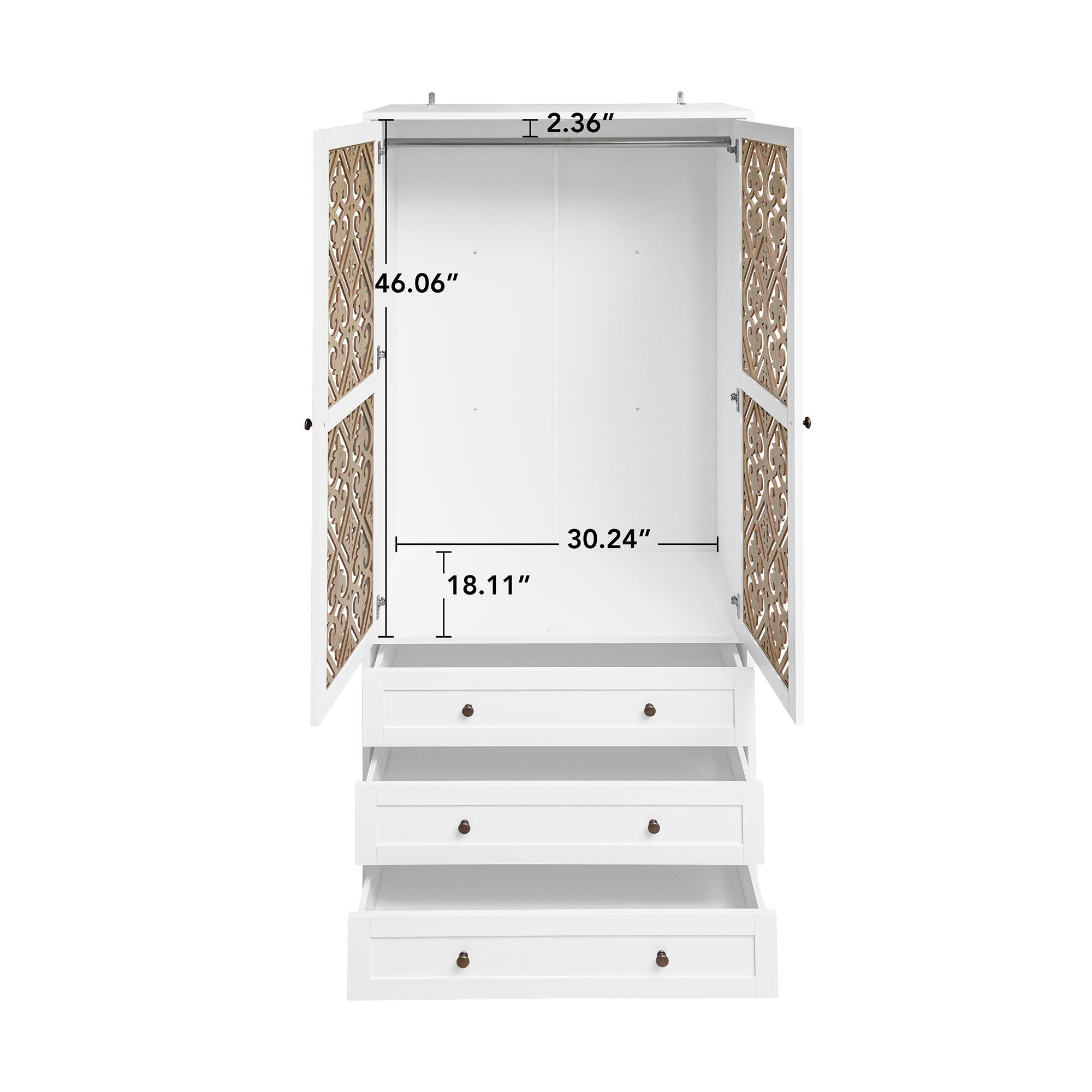 Hollow Pattern 2 Door 3 Drawer Wardrobe, The Collision Of Wood Color, Suitable For Bedrooms And Dressing Rooms - White