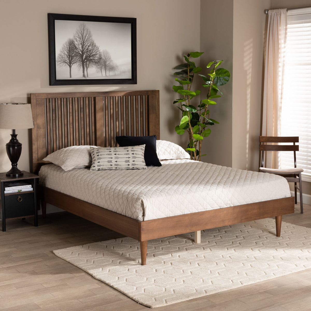 Kioshi Mid-Century Modern Transitional Ash Walnut Finished Wood Full Size Platform Bed