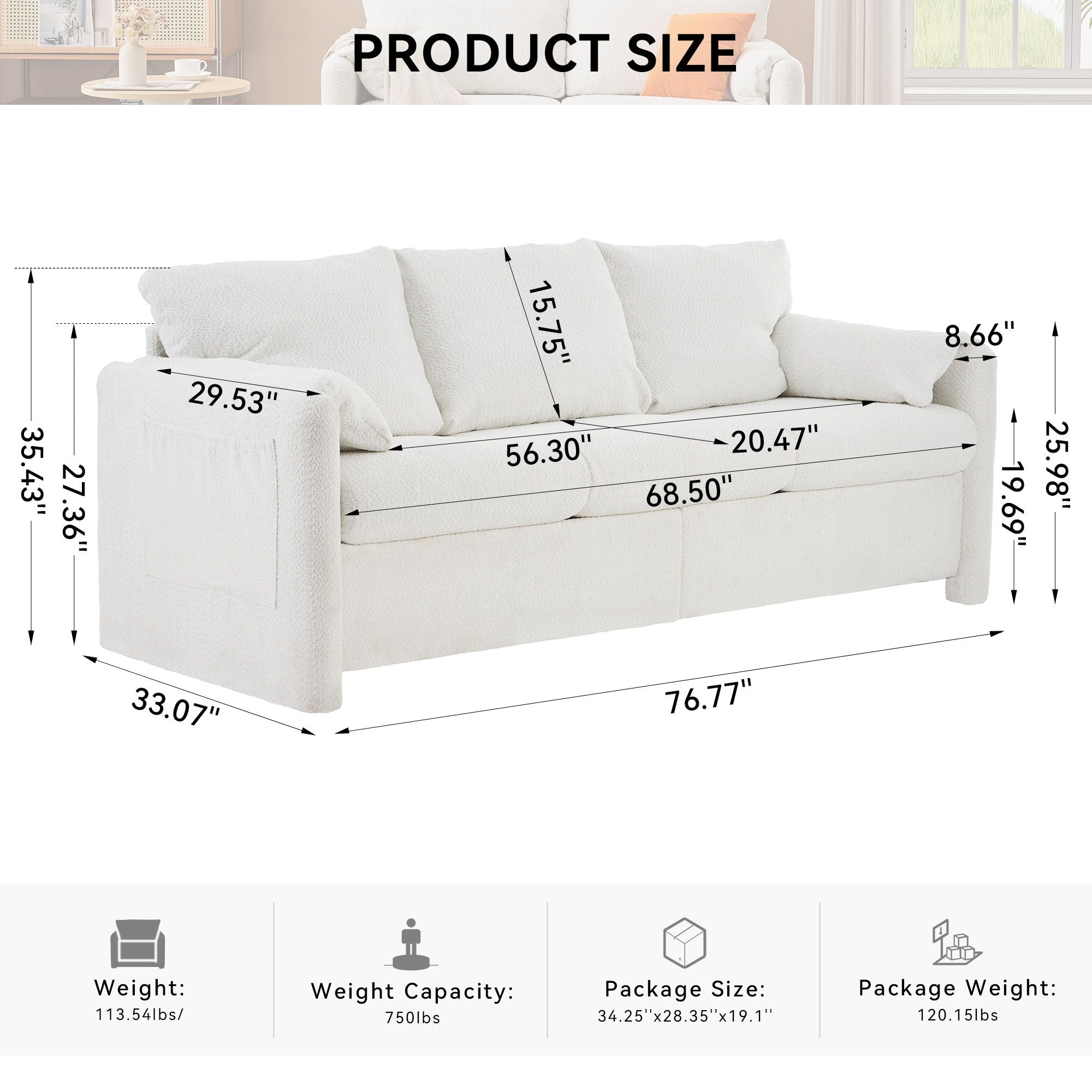 Modern 3 Seater Sofa Chenille Couch Plush Triple Seater Sofa With High Density Foam Cushions, Deep Seat Living Room Couch For Family Room, Apartment & Home Theater - Ivory White