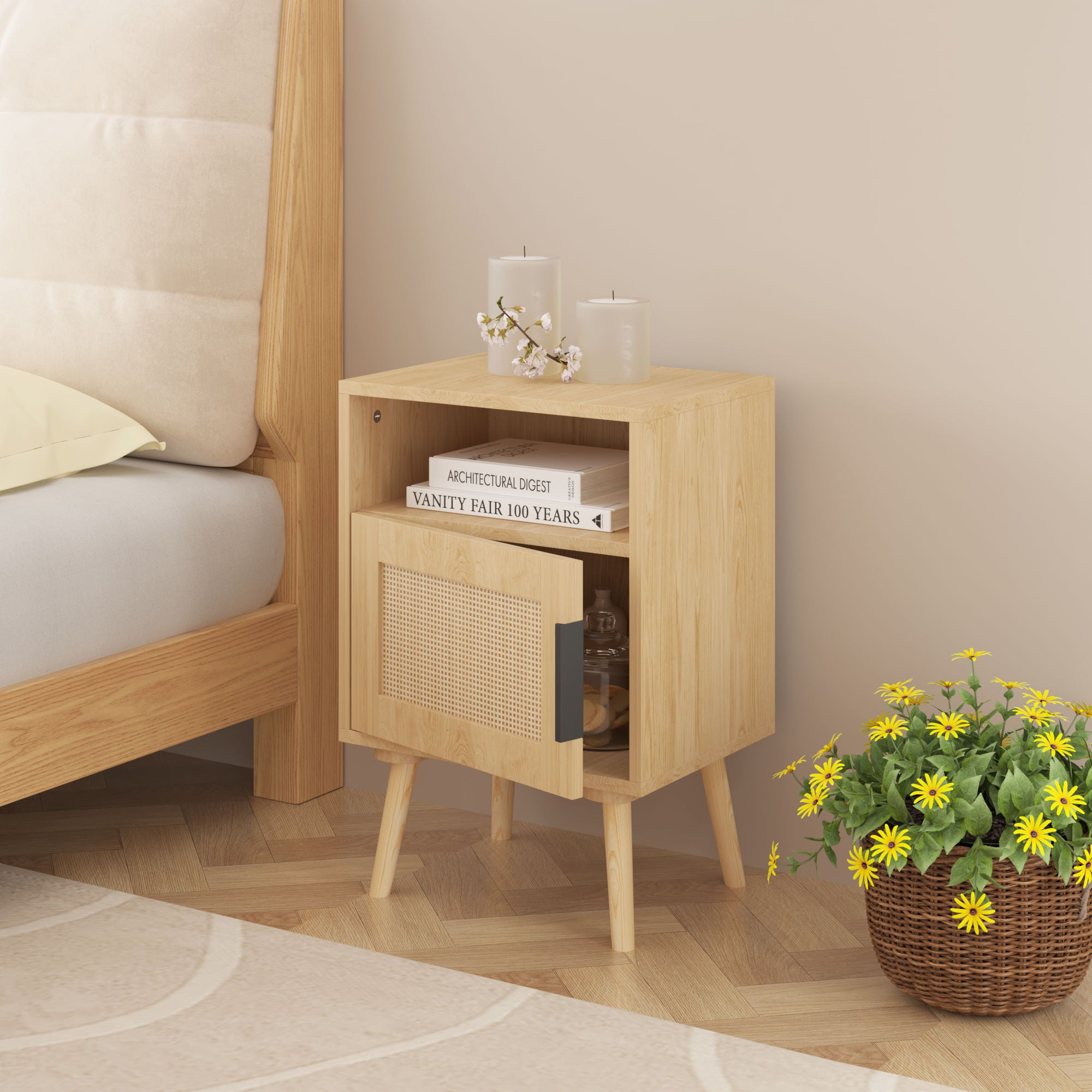 Nightstand, Side Table With Door And Open Shelf For Bedroom - Oak