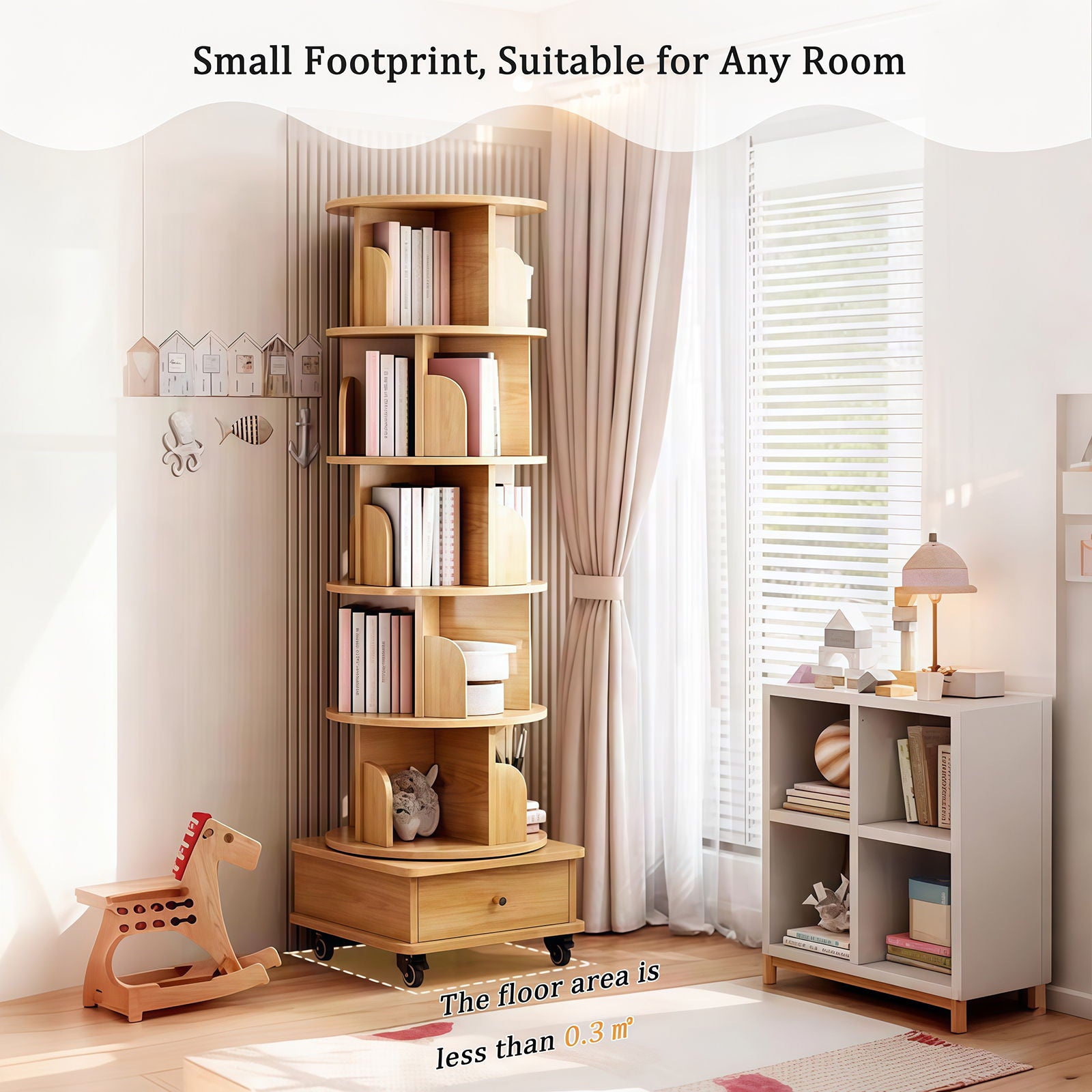Rotating Bookshelf With Wheels And Drawer, 360° Spinning Design, Space Saving Storage