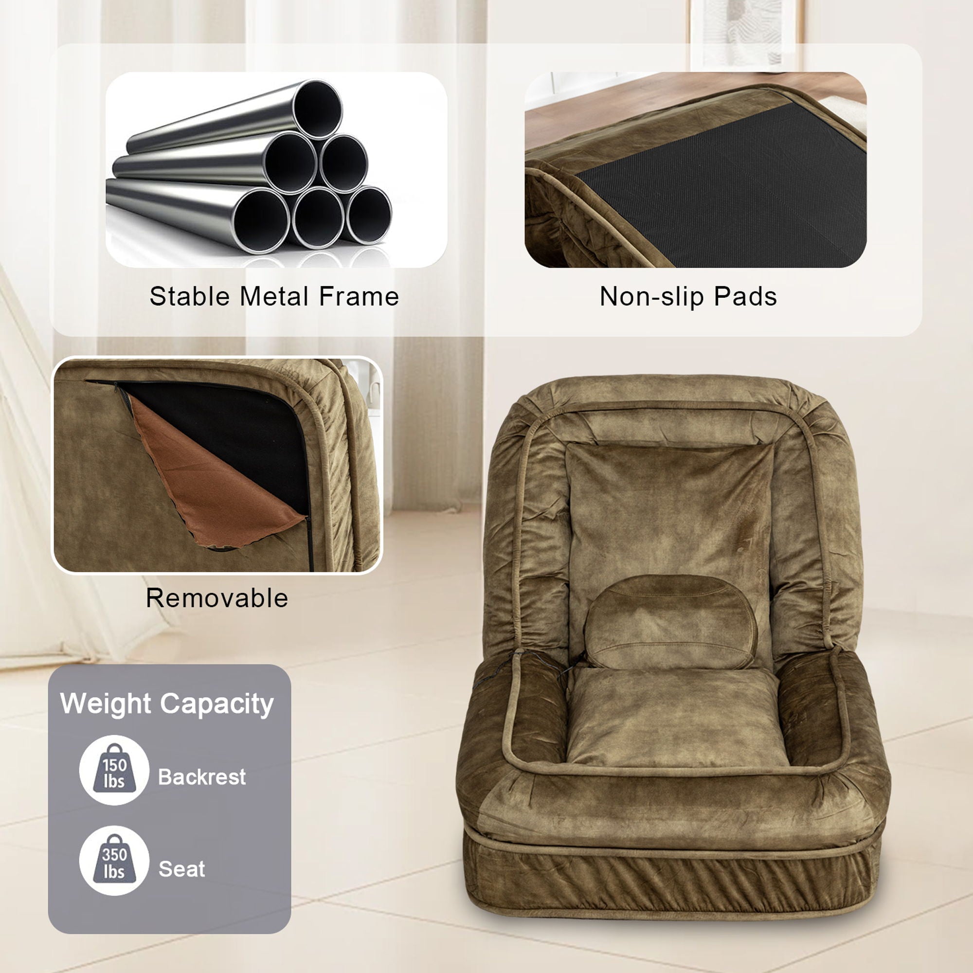 Upholstered Human Dog Bed And Pets, Bean Bag Floor Sofa With Massage Pillow, 5 Adjustable Positions & 2 Soft Pillows