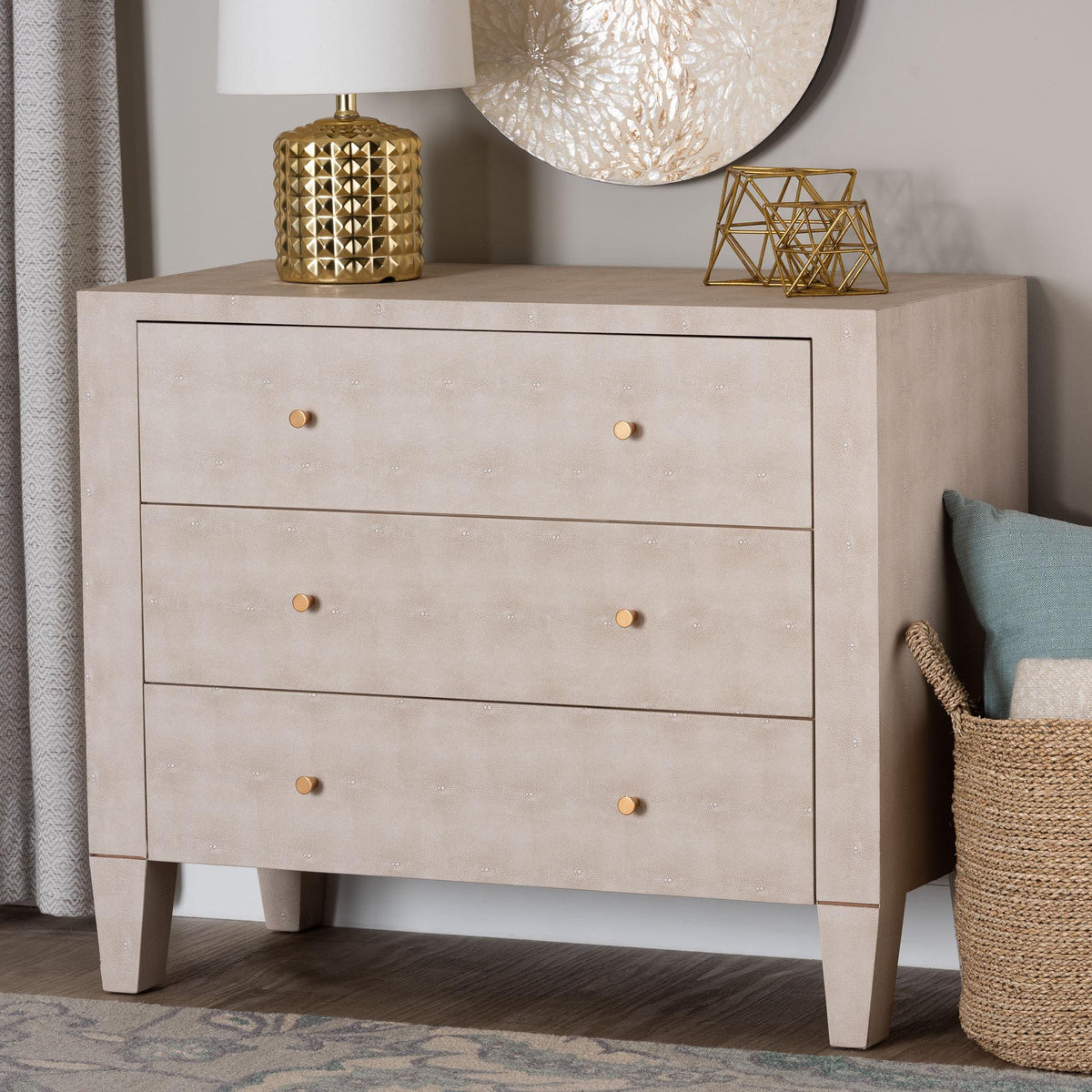 Leyna Modern Beige Faux Shagreen 3-Drawer Storage Cabinet