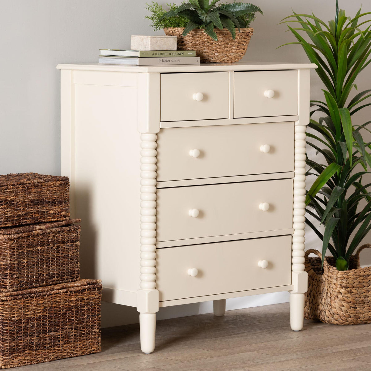 Braith Farmhouse Ivory Spindle Wood 5-Drawer Chest