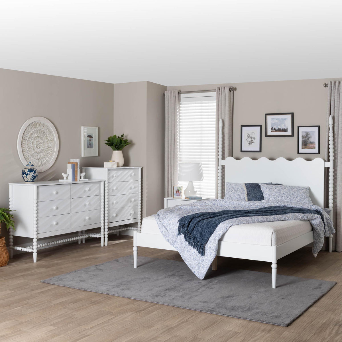 Brantley Spindle 4-Piece Bedroom Set - Farmhouse Bed Frame with Matching Dresser, Chest, and 1-Drawer Nightstand, White, King