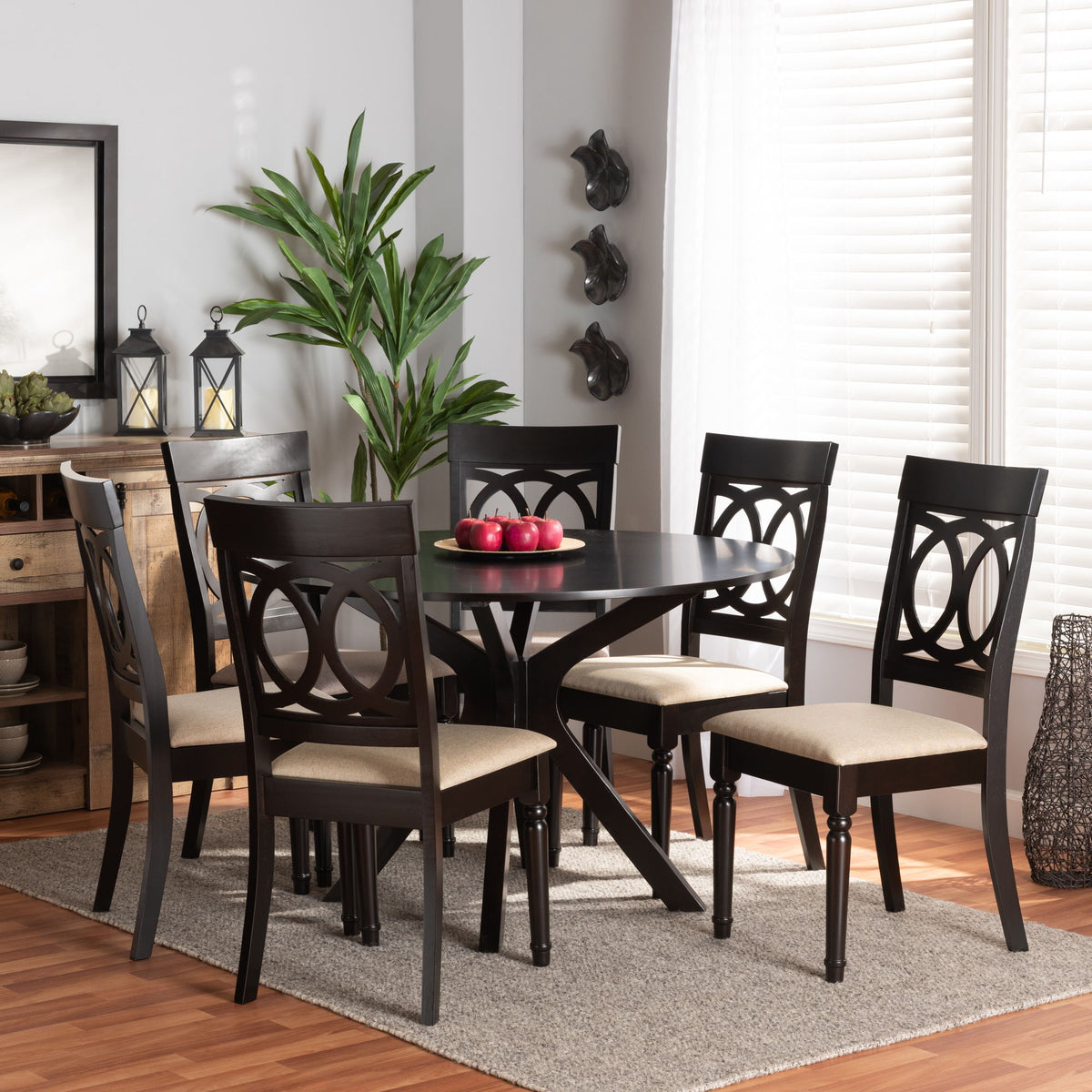 Jessie Modern and Contemporary Sand Fabric Upholstered and Dark Brown Finished Wood 7-Piece Dining Set