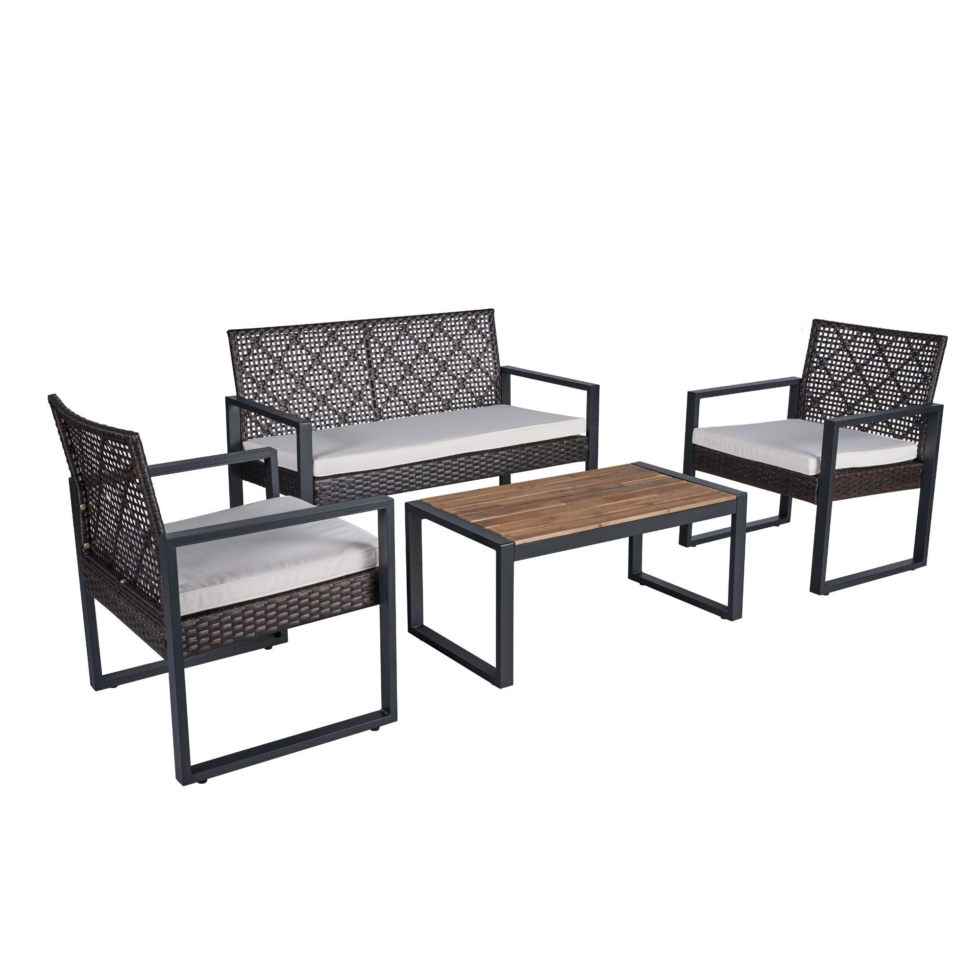 4 Piece Patio Furniture Set With Acacia Wood Table Top And Cushions