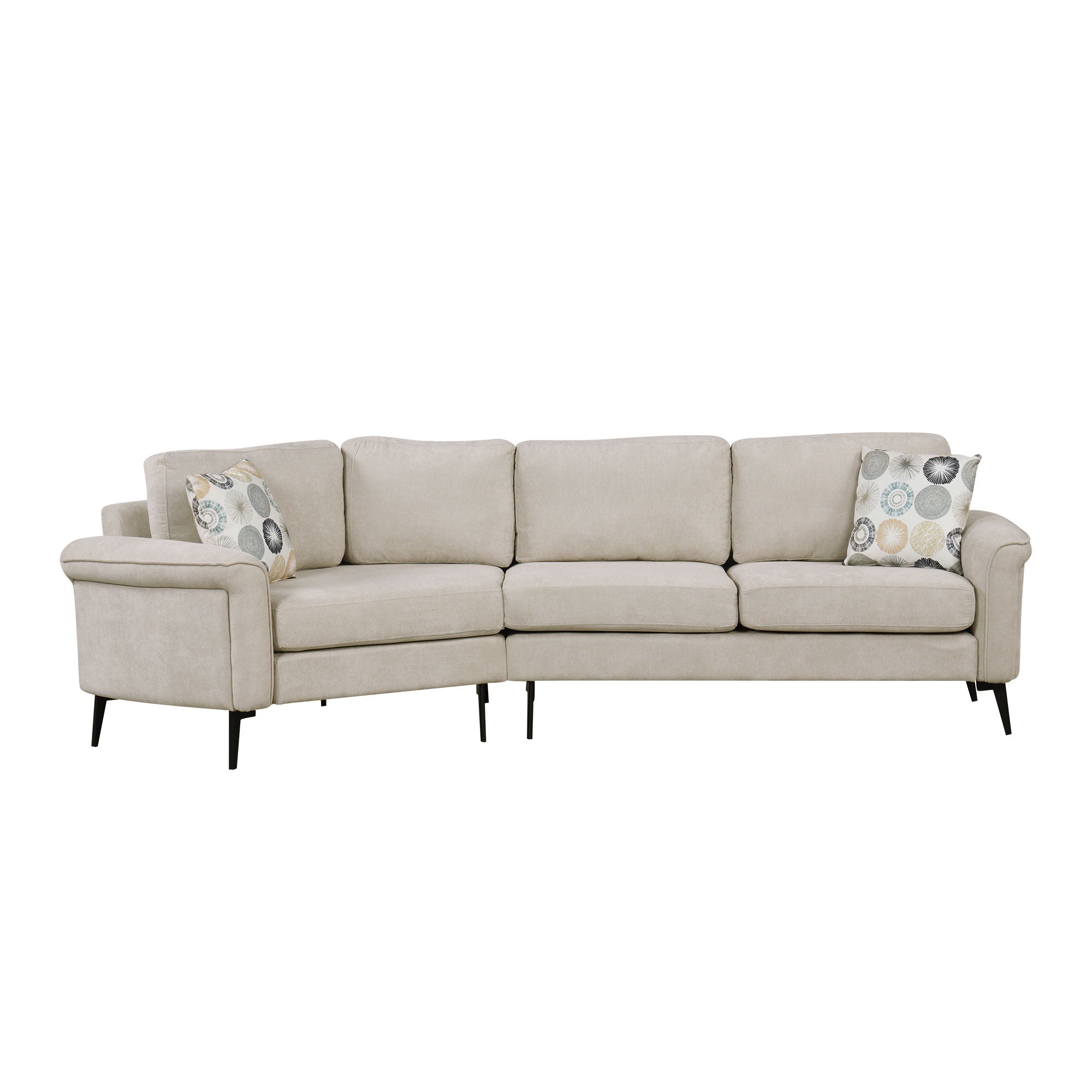 Upholstered 3 Seater Curved Sofa With Printed Pillows Chenille