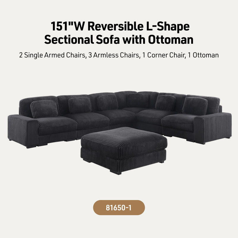 Sloane 151"W Charcoal Corduroy Fabric Reversible L-Shape Modular Sectional Sofa with Ottoman