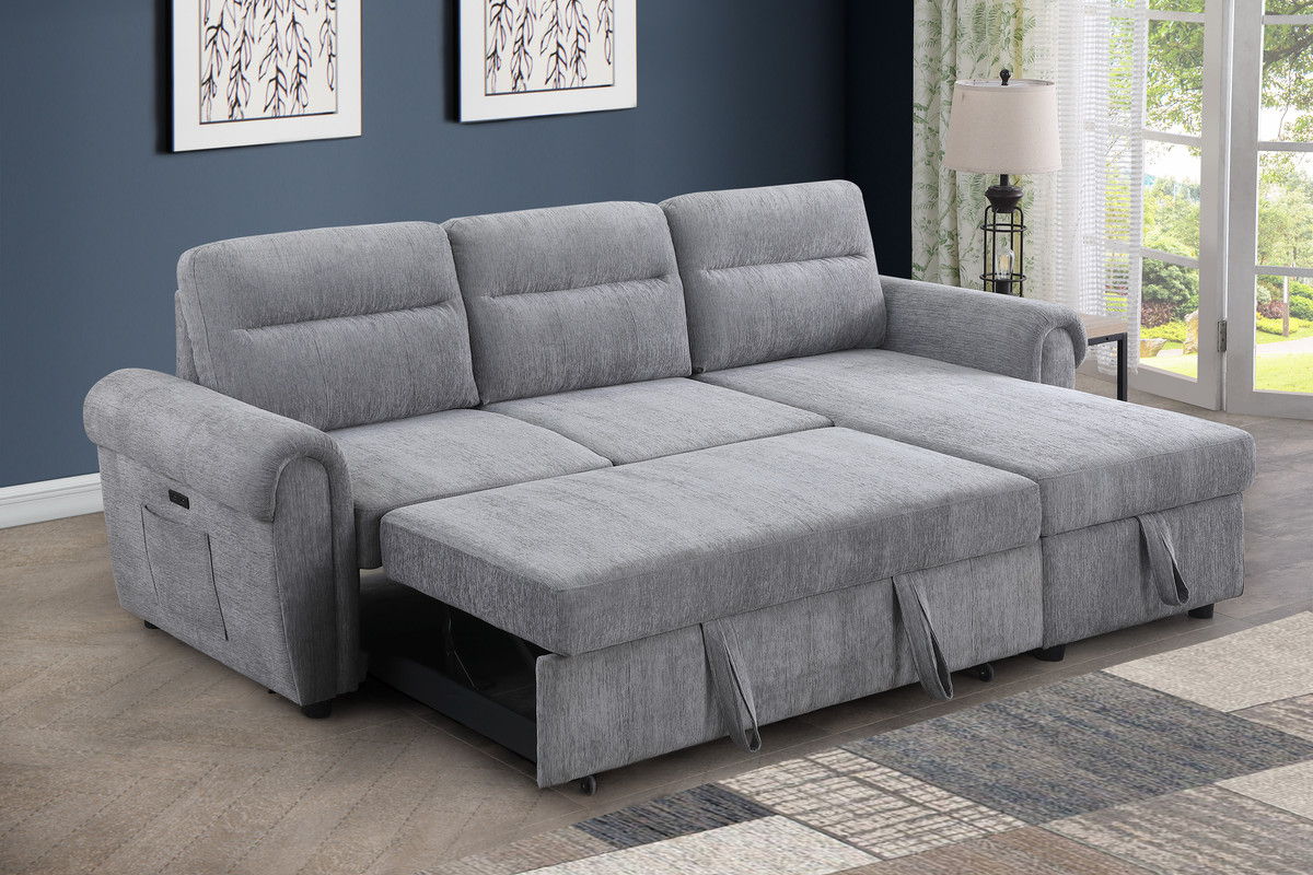 Hugo 97"W Light Gray Chenille Reversible Sleeper Sectional Sofa Chaise with USB Chargers, Phone/Magazine Pockets