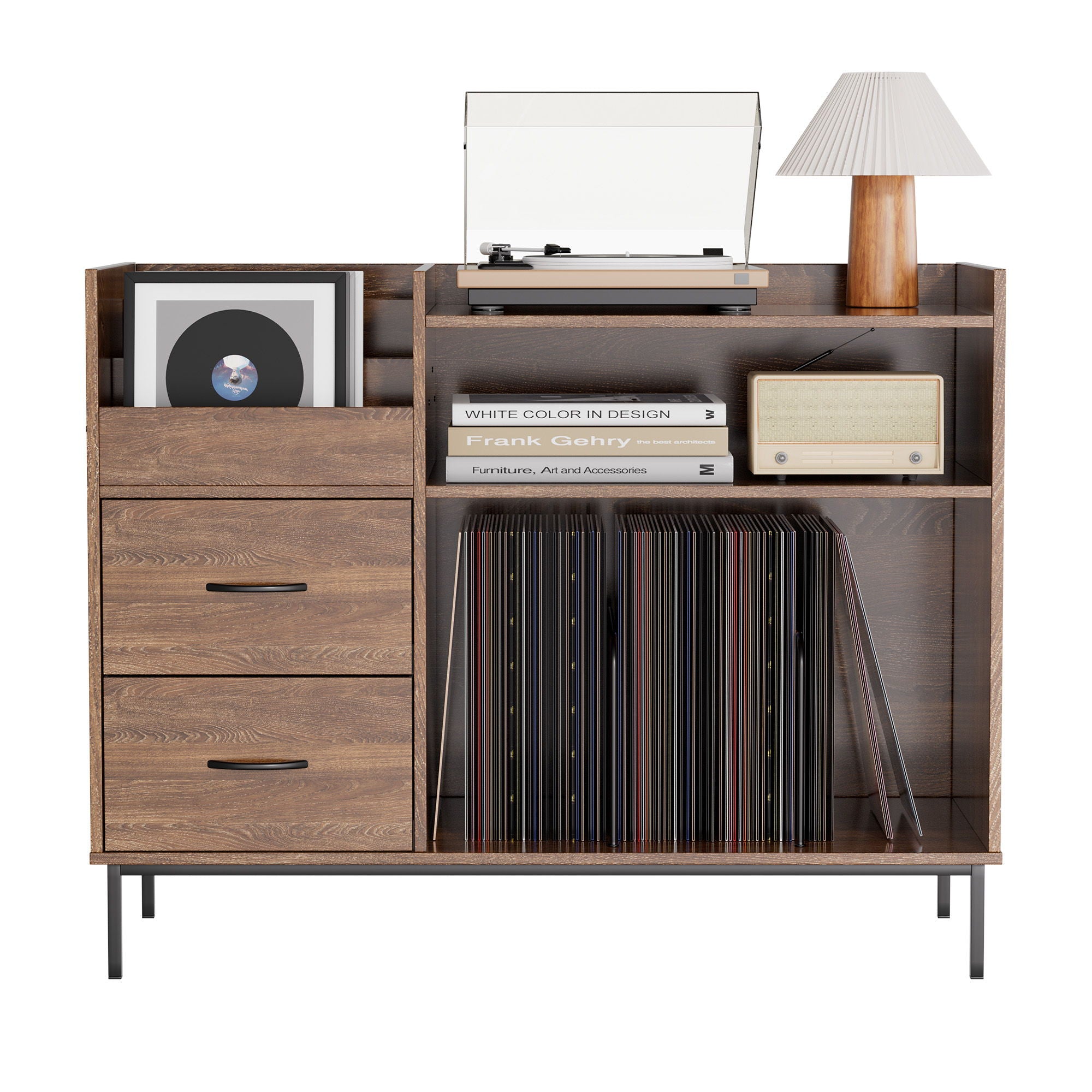Eco-Friendly Vinyl Record Player Stand With Flip-Top Storage, Media Console With Dual Outlets And Dustproof Drawers