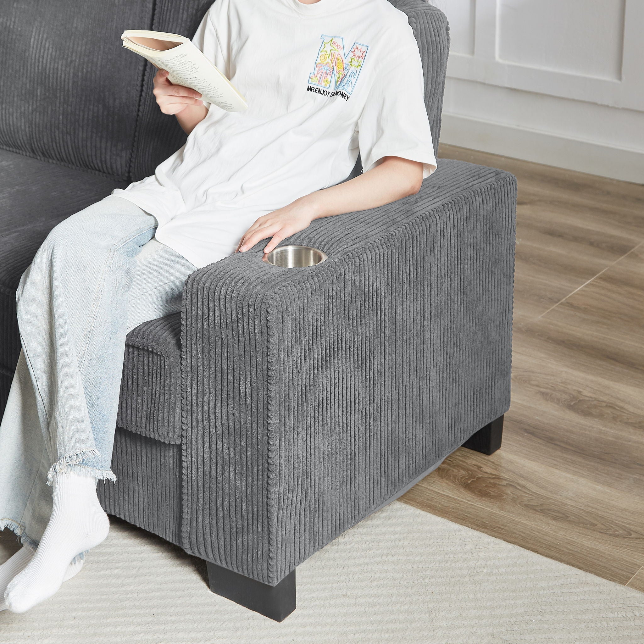 Modern Corduroy Fabric Sofa, 3 Seater Compressed Couch With Cup Holders