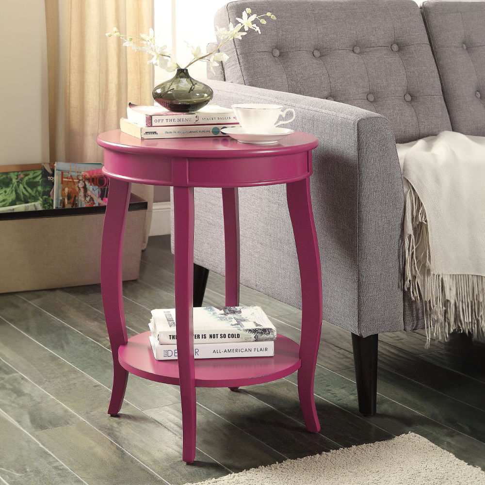 ACME This Alberta side table will be your favorite accent piece with its round top form and stylized legs. Offered in four different colors: Antique White, walnut, red, and teal. One is sure to fit perfect with your style. | Meri Furniture