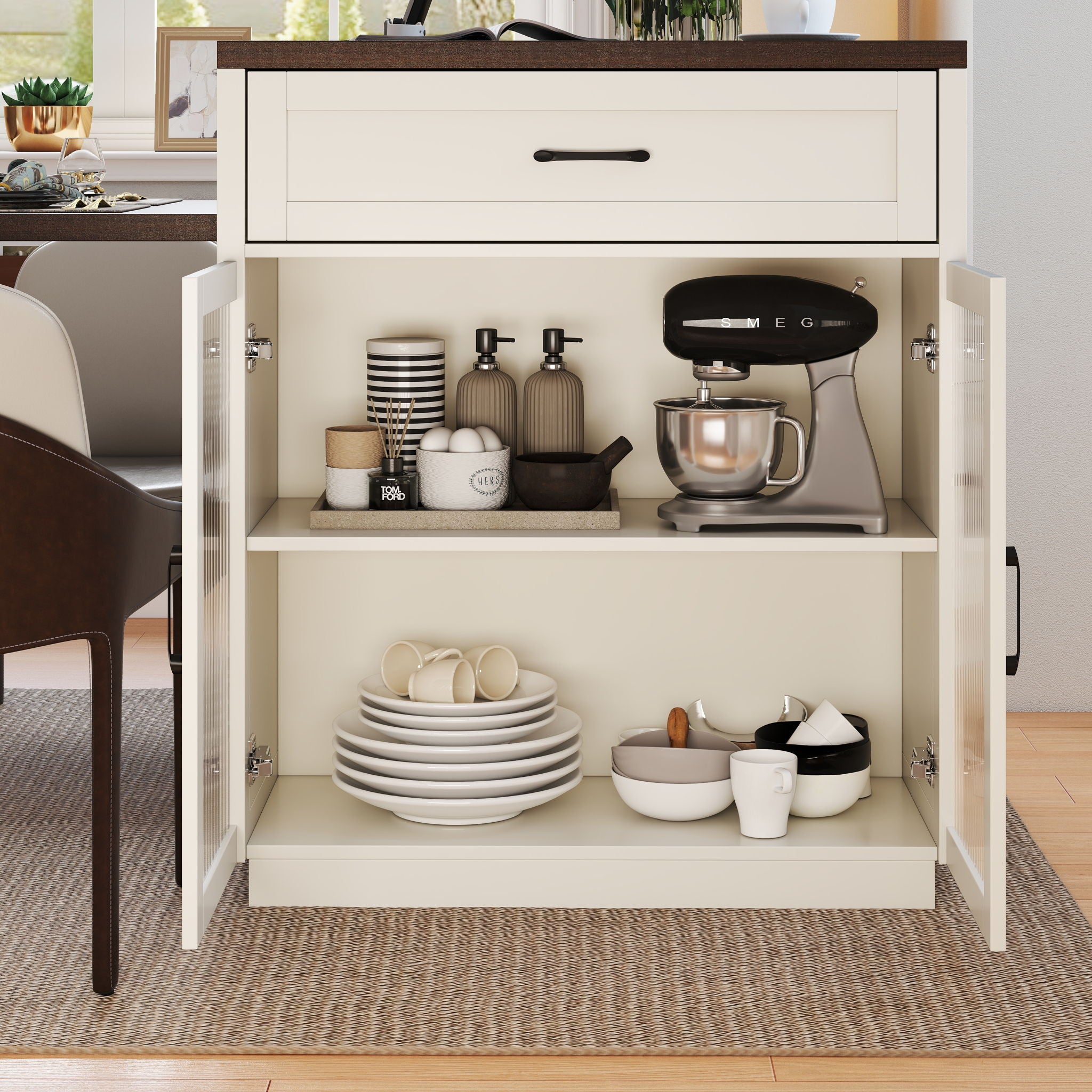 Extendable Kitchen Island With Slide Out Table And Storage Racks For 2 - 6 Person, Power Outlet, Bar, Prep Station - Creamy White / Walnut