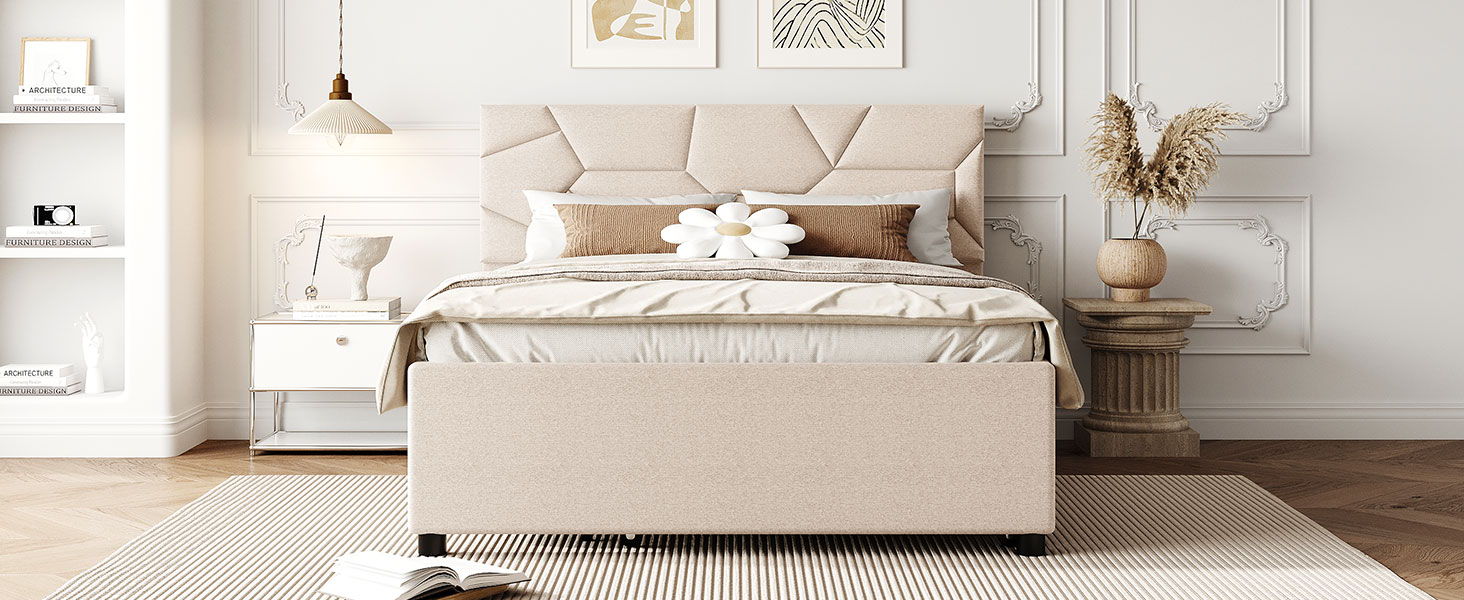 Upholstered Platform Bed With Brick Pattern Headboard And Twin Long Size Trundle