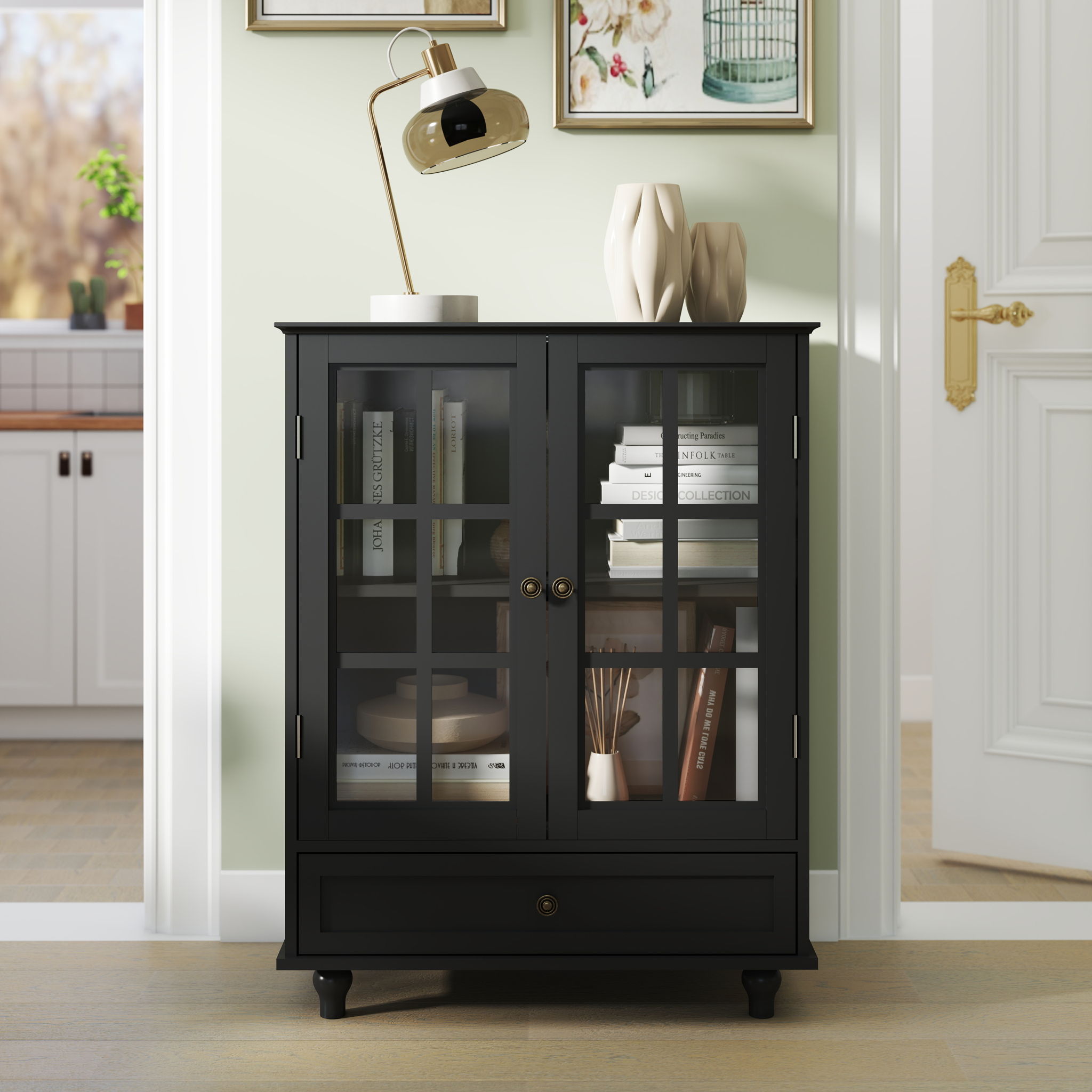 Minimalist Buffet Cabinet With Double Glass Doors And Drawer
