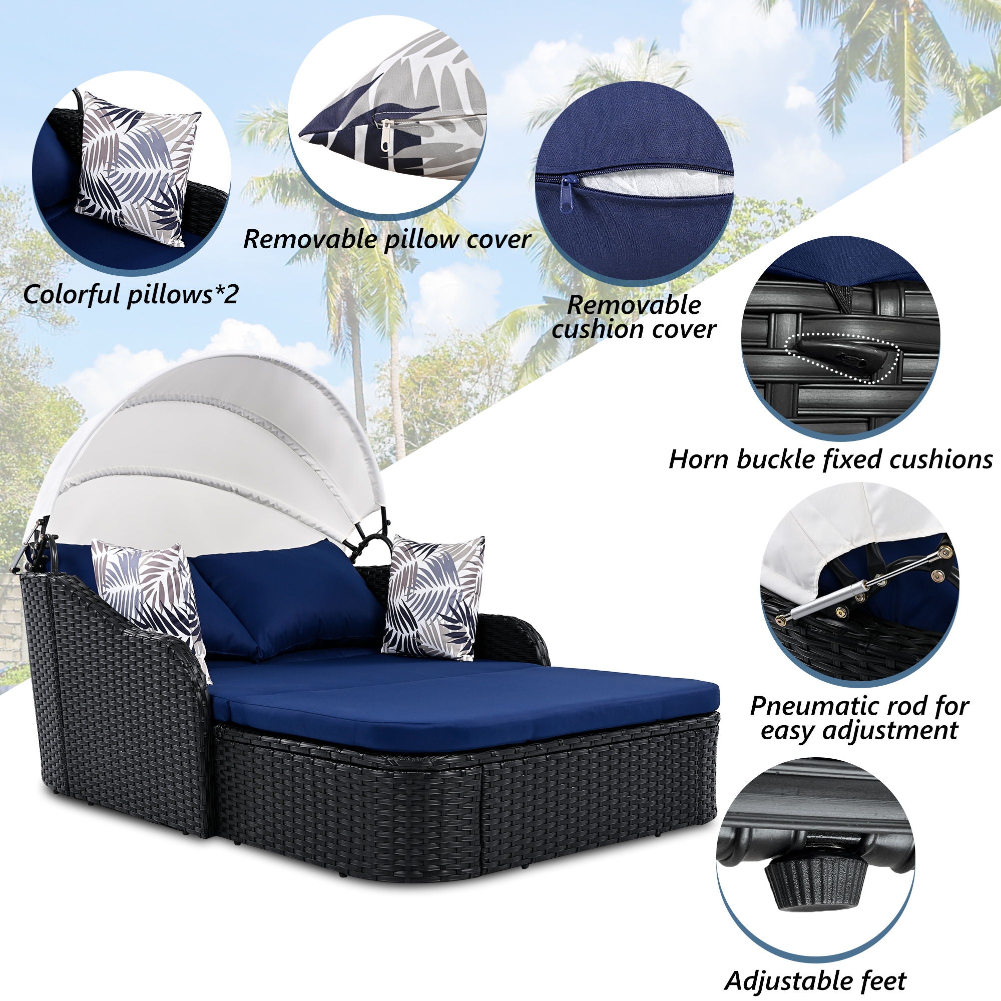 Outdoor Sunbed With Adjustable Canopy, Daybed With Pillows, Double Lounge, PE Rattan Daybed