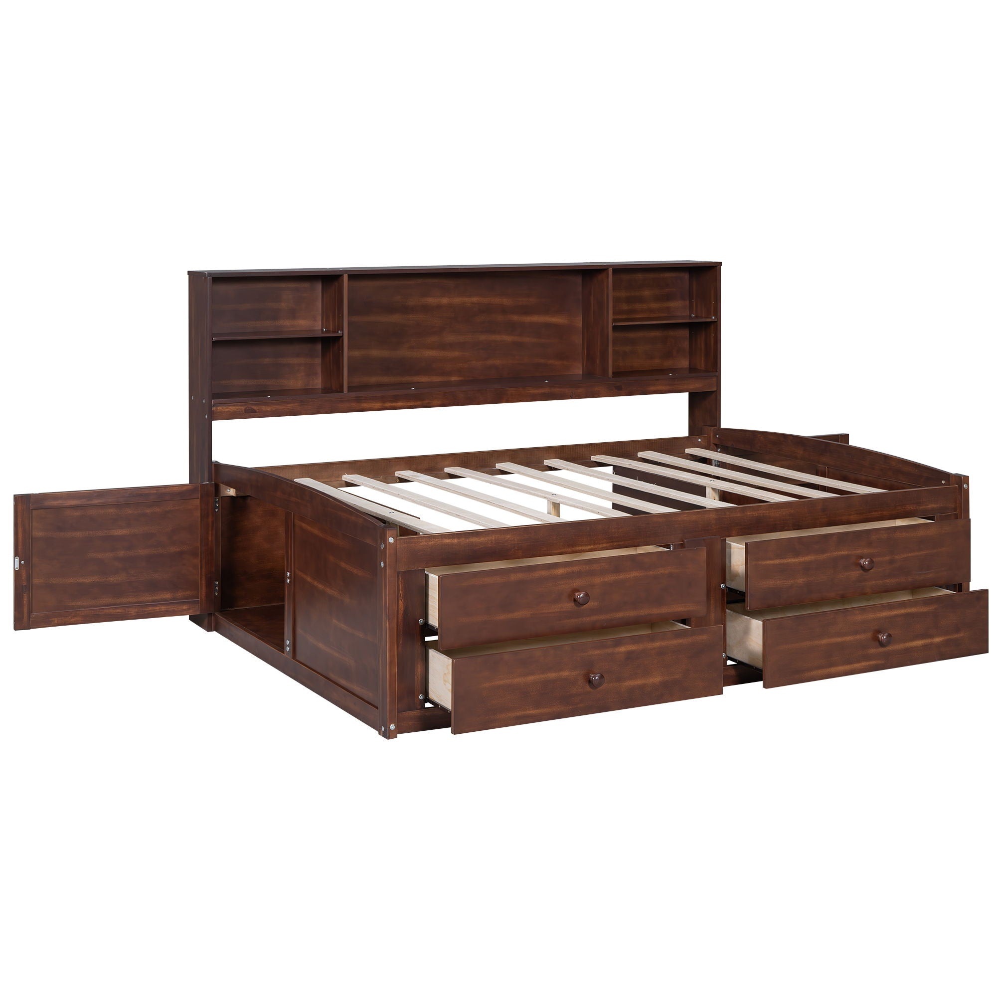 Full Size Captain Bed With Built In Storage Shelves, 4 Drawers And 2 Cabinets - Antique Brown